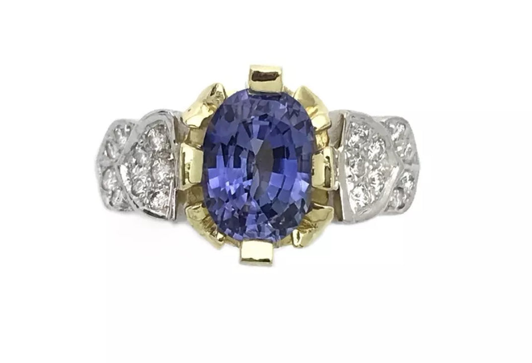 2.46 Cts Bluish-Violet Ceylon Sapphire Unheat Cert W/ Dia 18K Wht-Yel Gold Ring