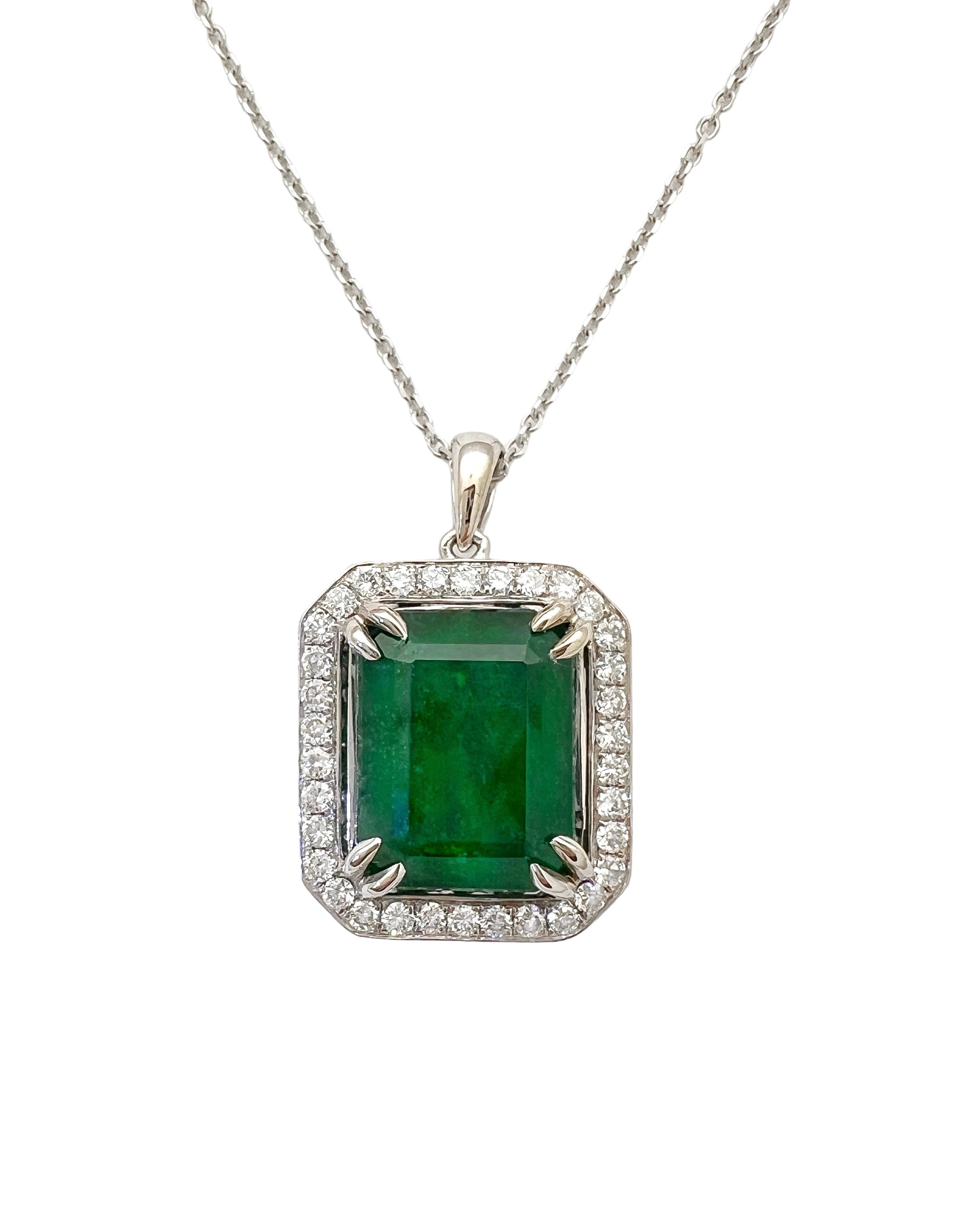 6.05 Carats Brazilian Emerald No-Oil (Certified) & 0.55 Carats Diamonds VS2 Set In 14 Karat White Gold Pendant Includes 14 Karat Chain 18 Inches