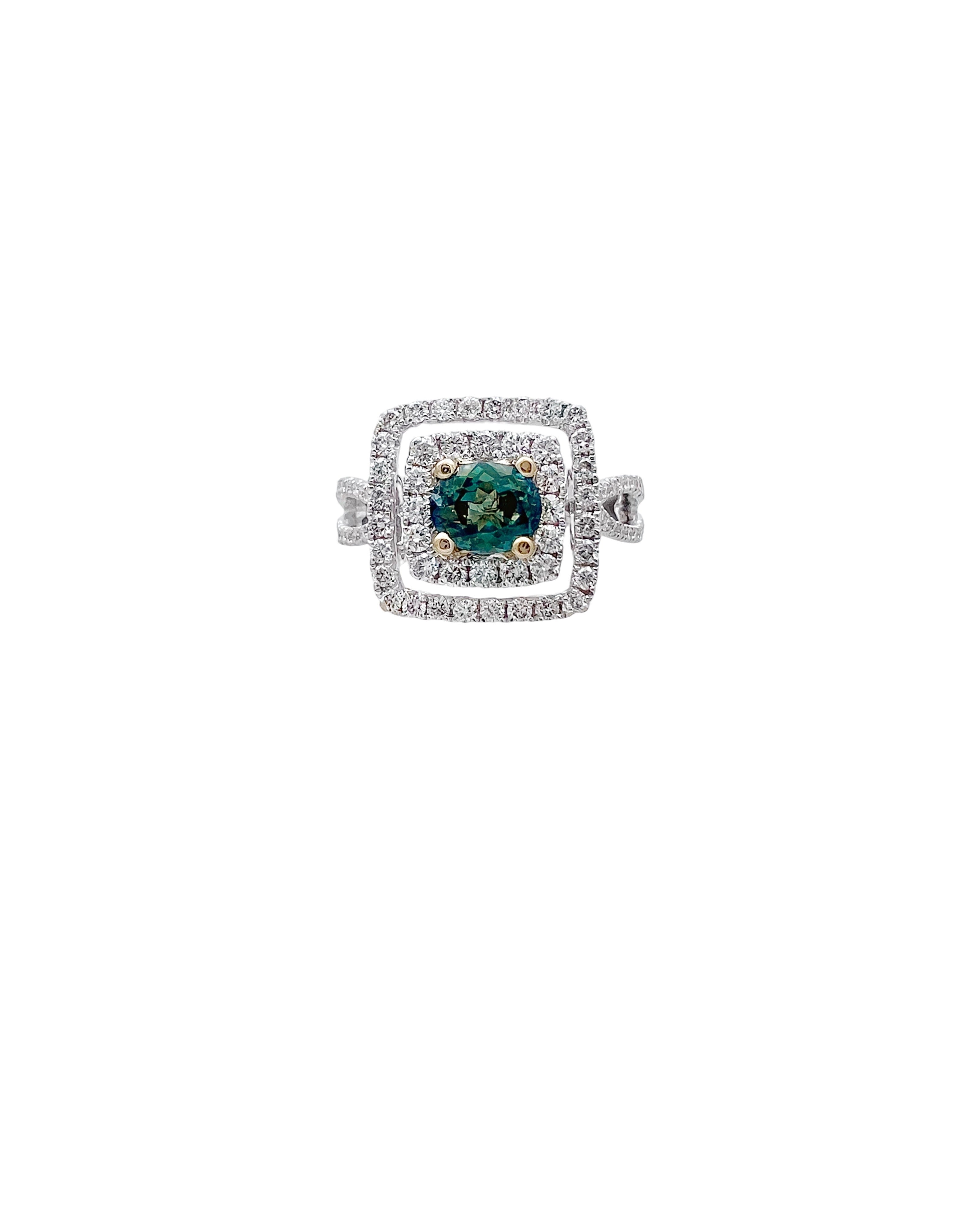 0.56 Carats Alexandrite GIA (Certified) & 0.92 Carats Diamonds VS2 Set In 18 Karat White-Yellow Gold Ring