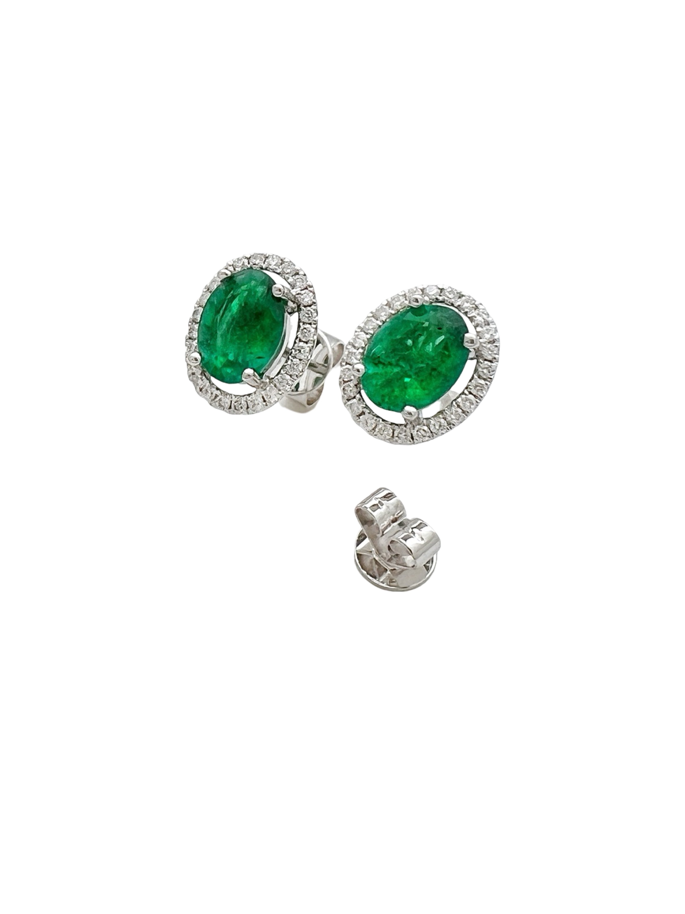 1.88 Carats Brazilian Emeralds F2 (Certified) & 0.48 Carats Diamonds Set In 18 Karat White Gold Earrings