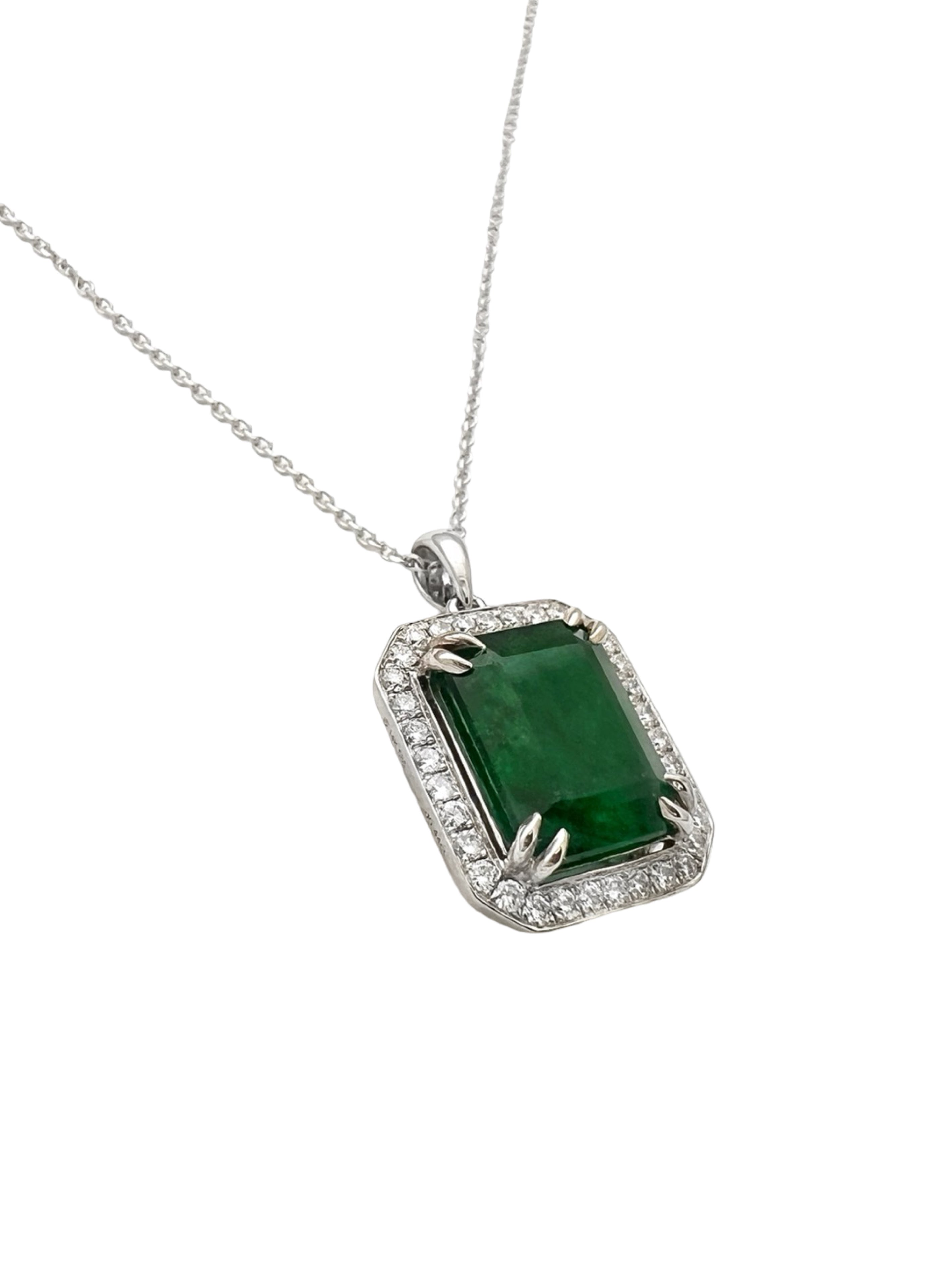 6.05 Carats Brazilian Emerald No-Oil (Certified) & 0.55 Carats Diamonds VS2 Set In 14 Karat White Gold Pendant Includes 14 Karat Chain 18 Inches