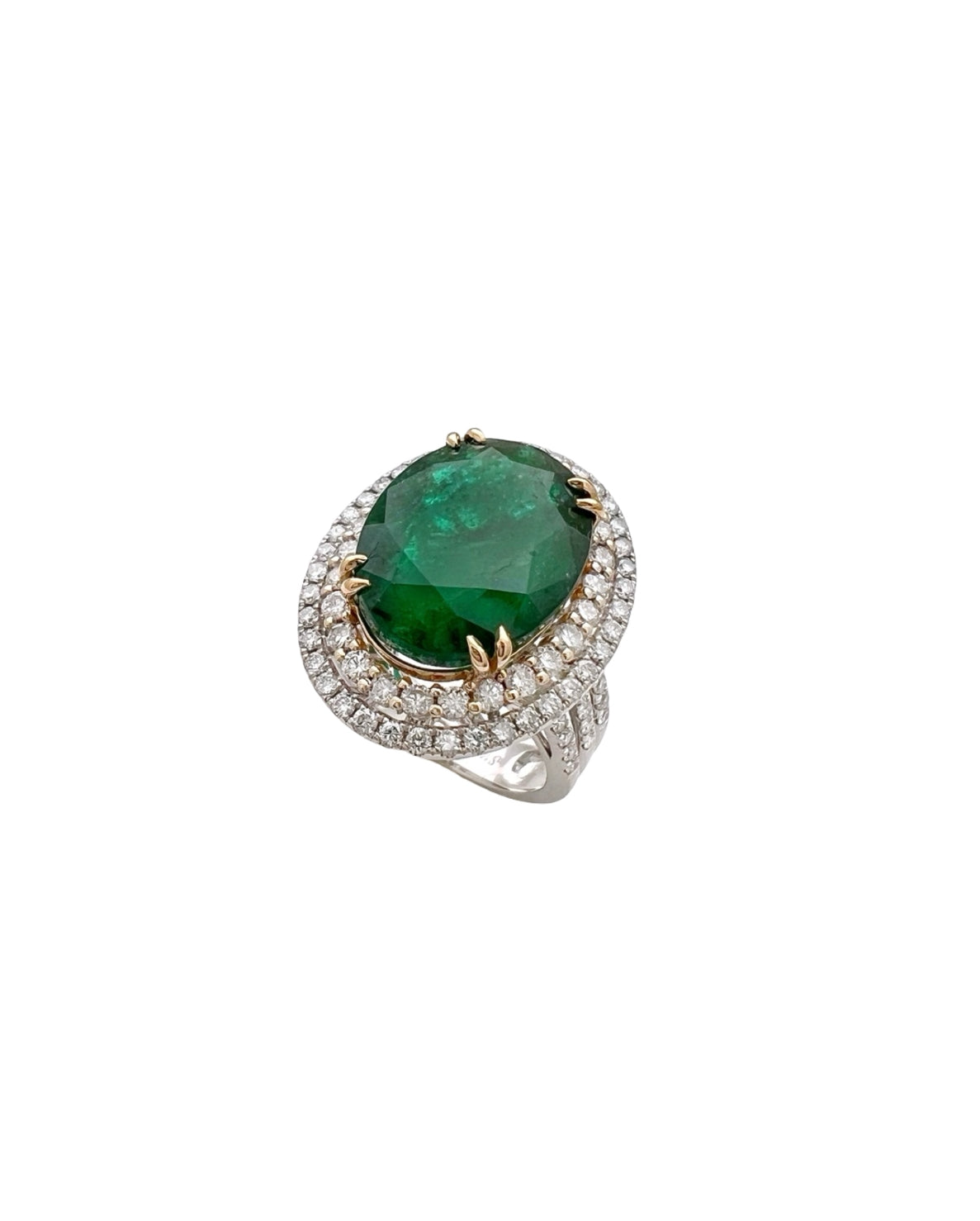 10.21 Carats Brazilian Emerald F2 (Certified) & 2.03 Carats Diamonds Double Halo Ring – 14K White & Yellow Gold Ring