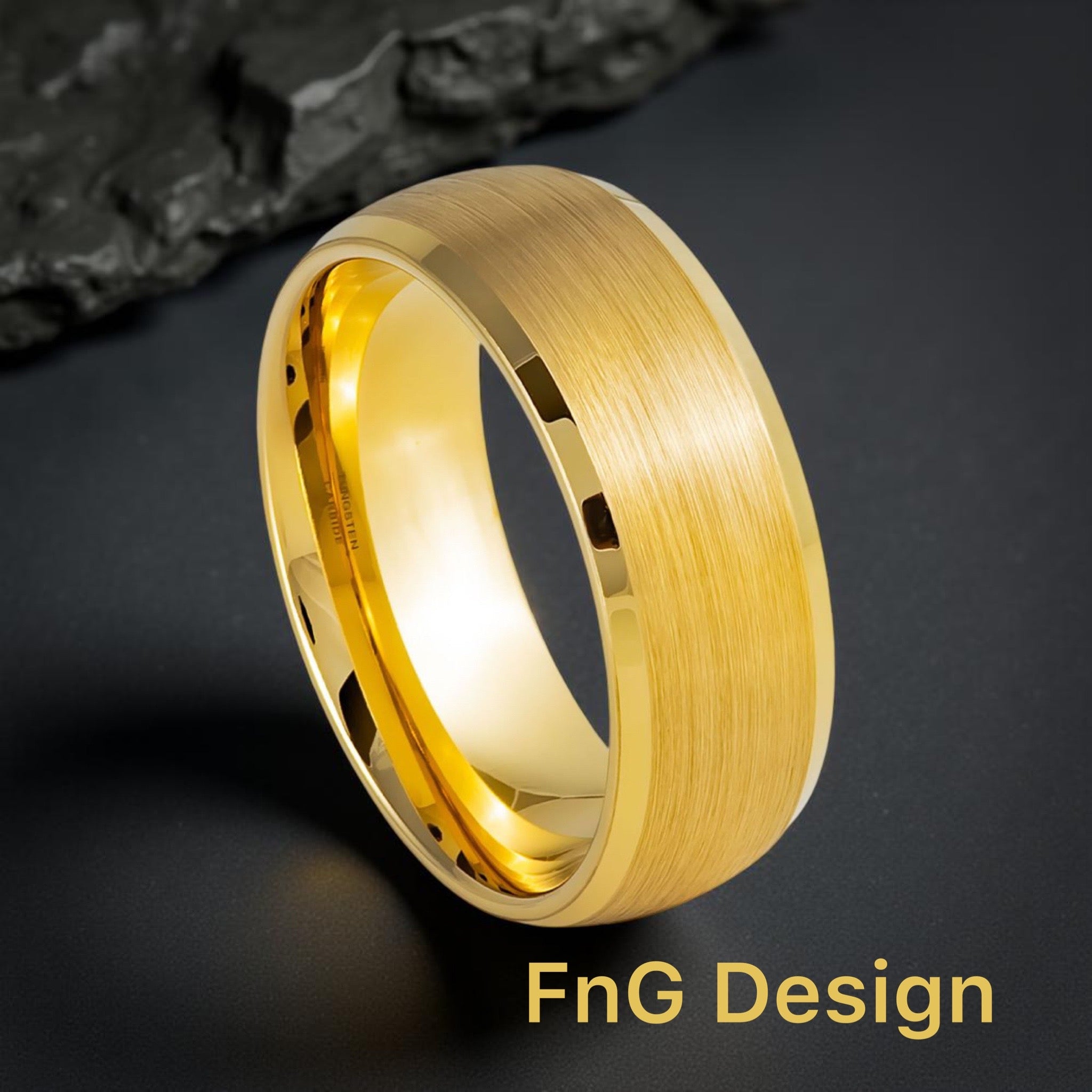 Gold Tungsten Carbide 8mm ion Plating Domed Brushed hi-Polished Bevel Ring