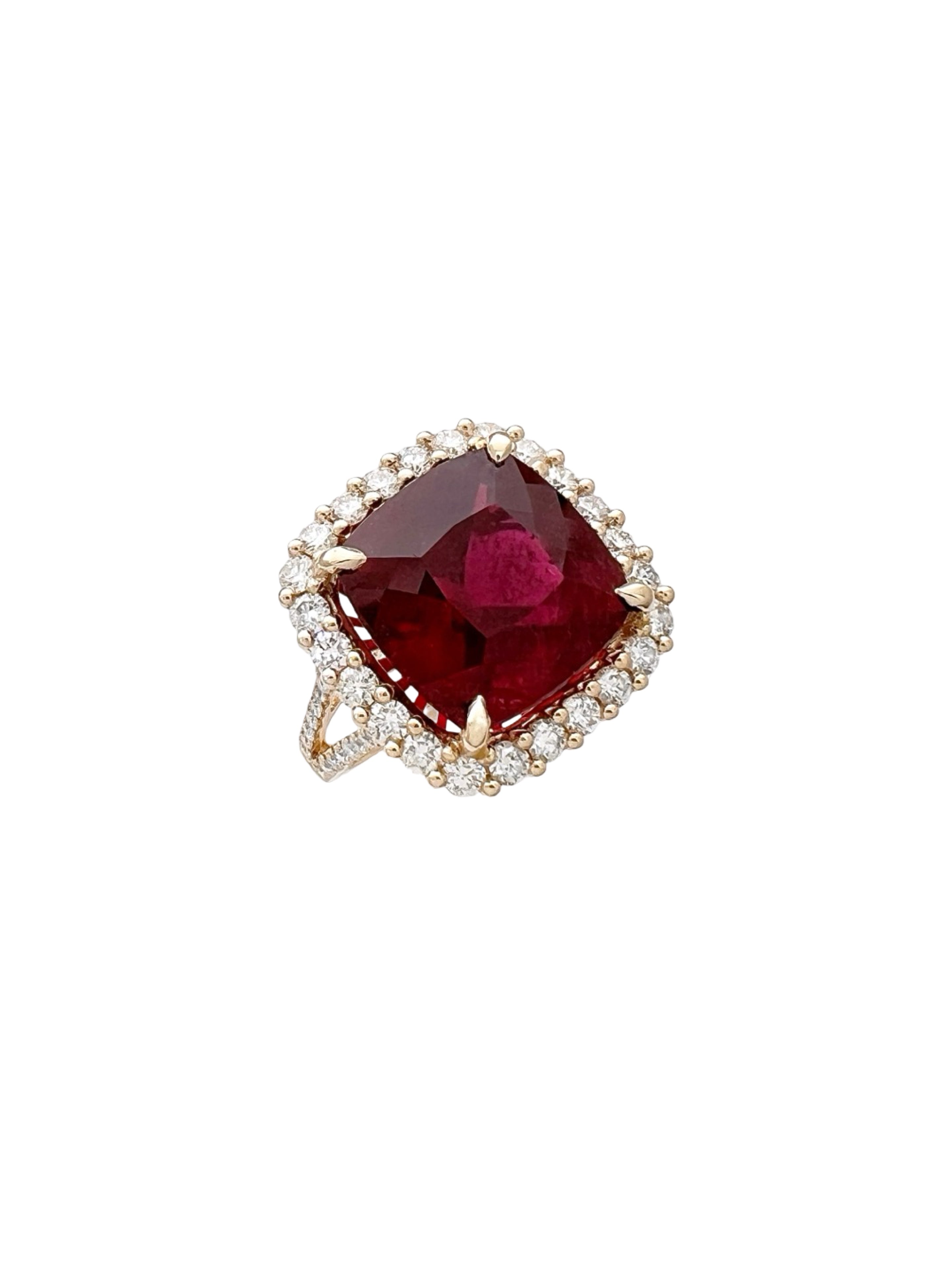 11.95 Carats Rubellite Tourmaline (Certified) & 1.76 Carats Diamonds VS2 Set In 14K Yellow Gold Ring