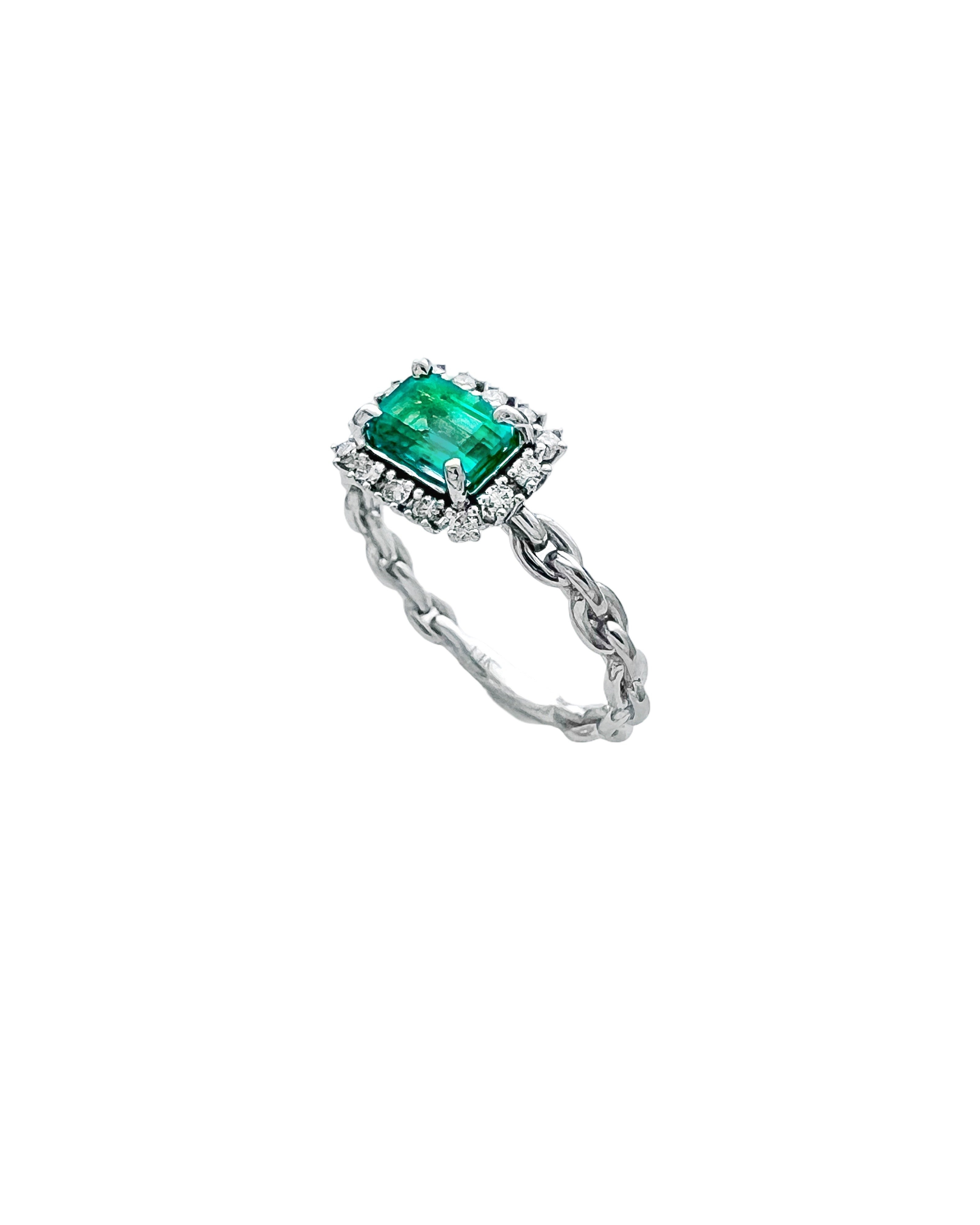 0.77 Carats Colombian Emerald F1 And 0.24 Carats Diamond VS2 Set 14 Karat White Gold Ring