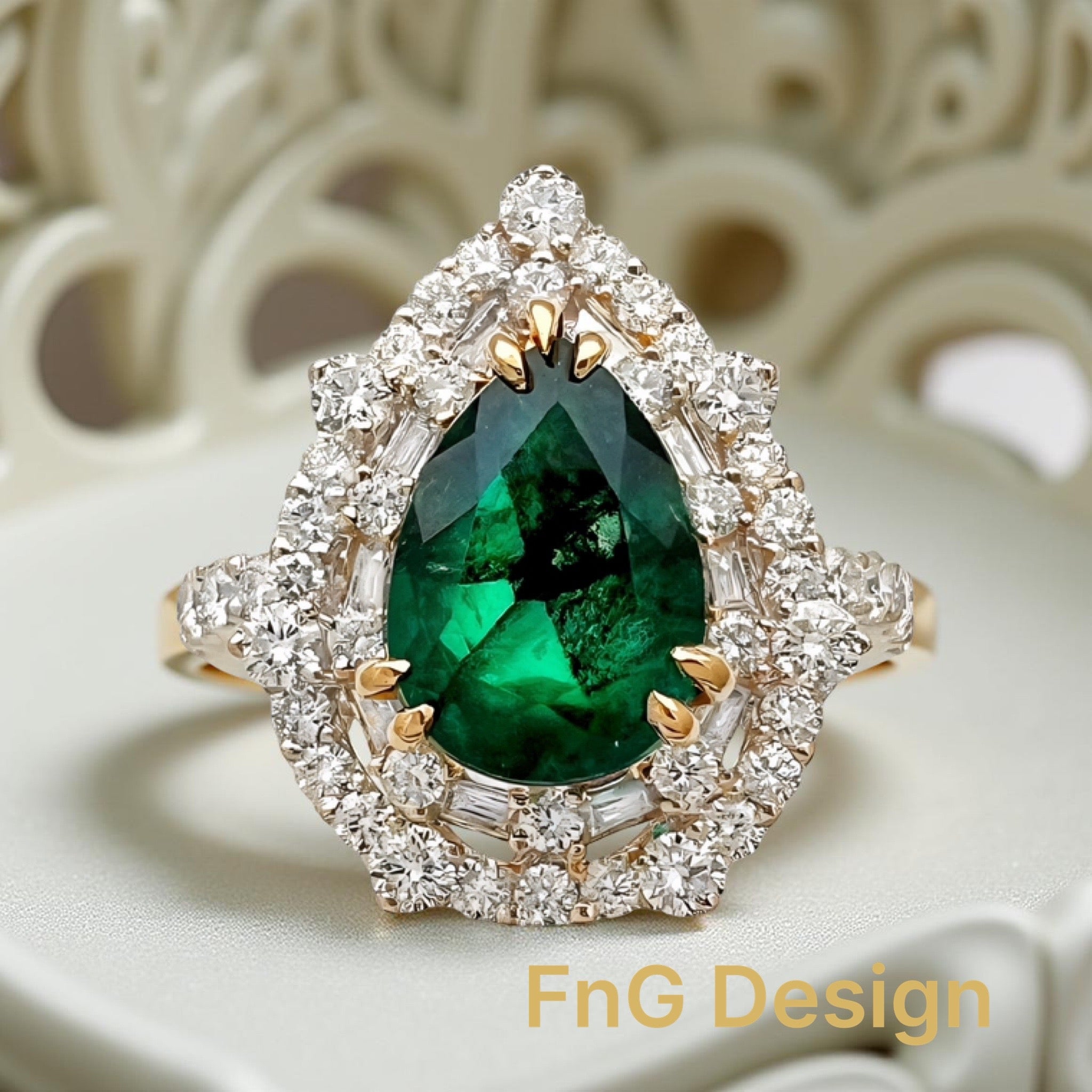 2.10 Carats Trapiche Colombian Emerald, No-Oil (Certified) & 1.28 Carats Diamonds VS2 Set 18K White & Yellow Gold Ring