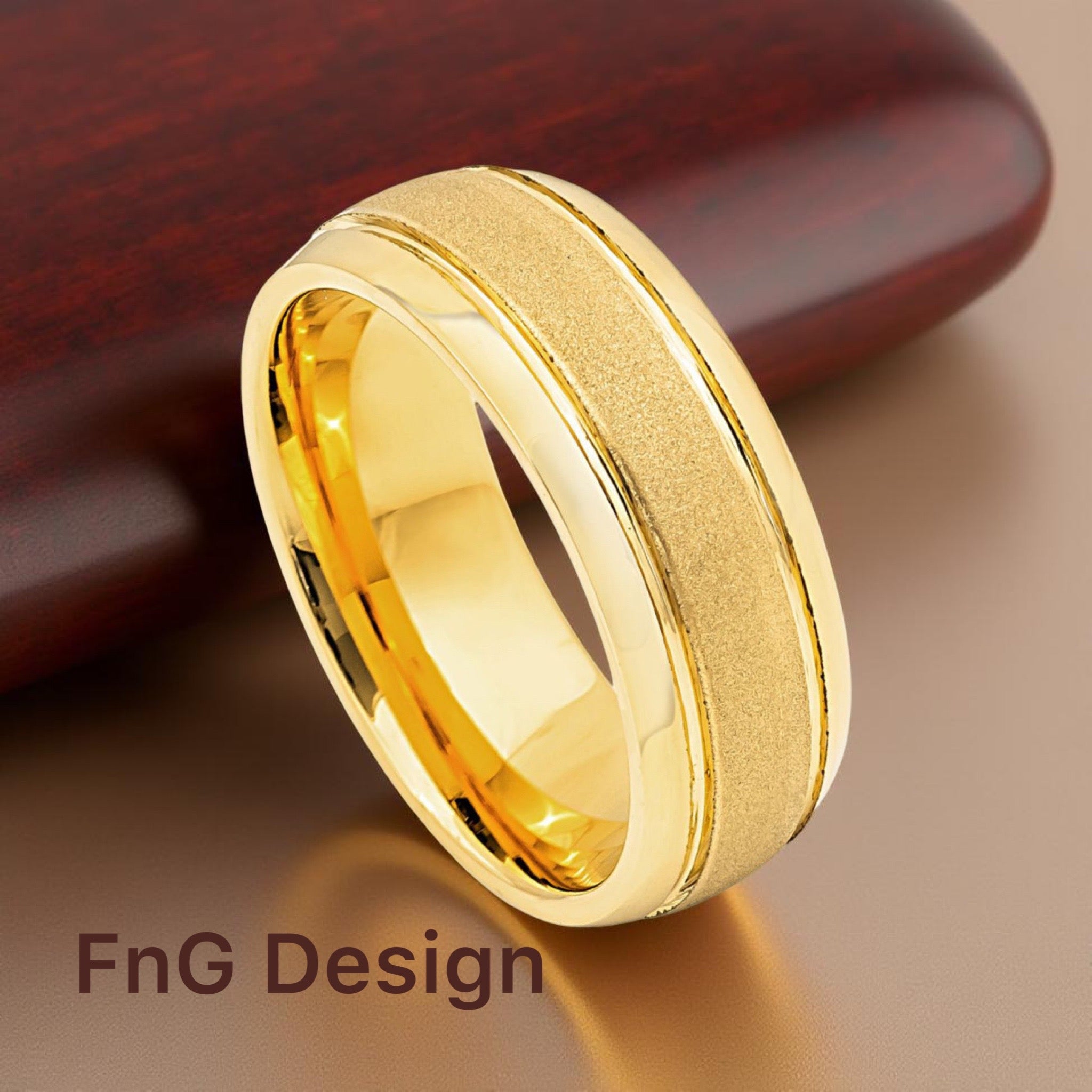 Gold Tungsten Carbide 8mm ion Plating Domed Sandstone Center Texturized Grooved hi-Polished Smooth Edge