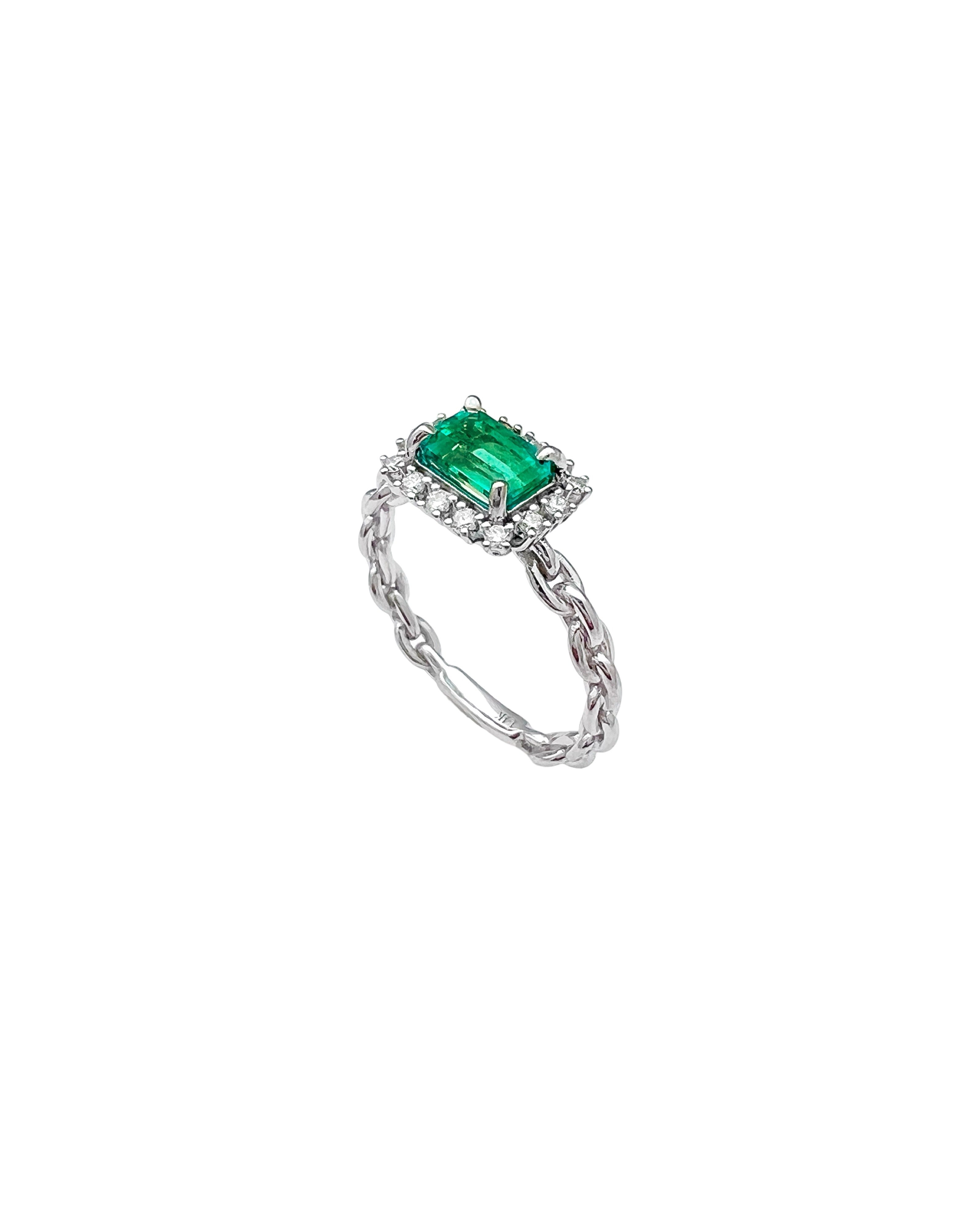 0.77 Carats Colombian Emerald F1 And 0.24 Carats Diamond VS2 Set 14 Karat White Gold Ring
