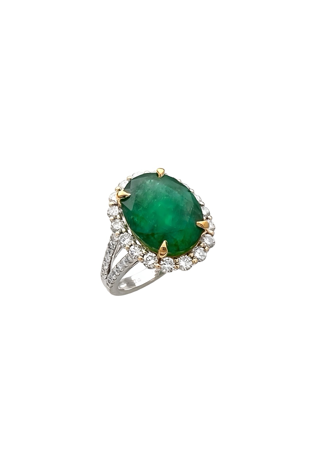 6.47 Carats Brazilian Emerald F1 (Certified) & 1.44 Carats Diamond Halo Ring – 14K white & Yellow Gold Ring