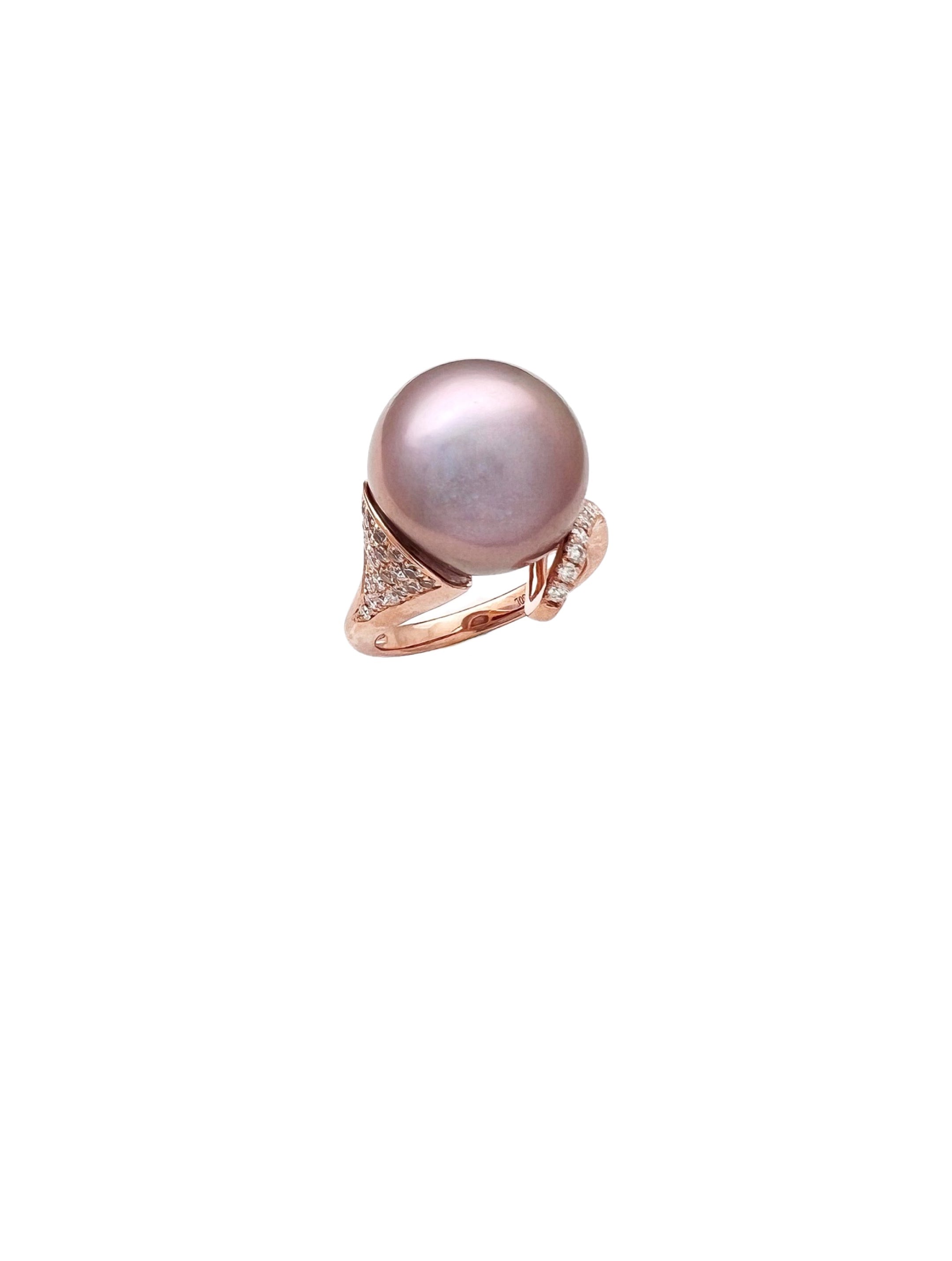 12.6MM Certified Aubergine South Sea Pearl & 0.31 Carats Diamonds Set In 18 Karat Rose Gold Ring