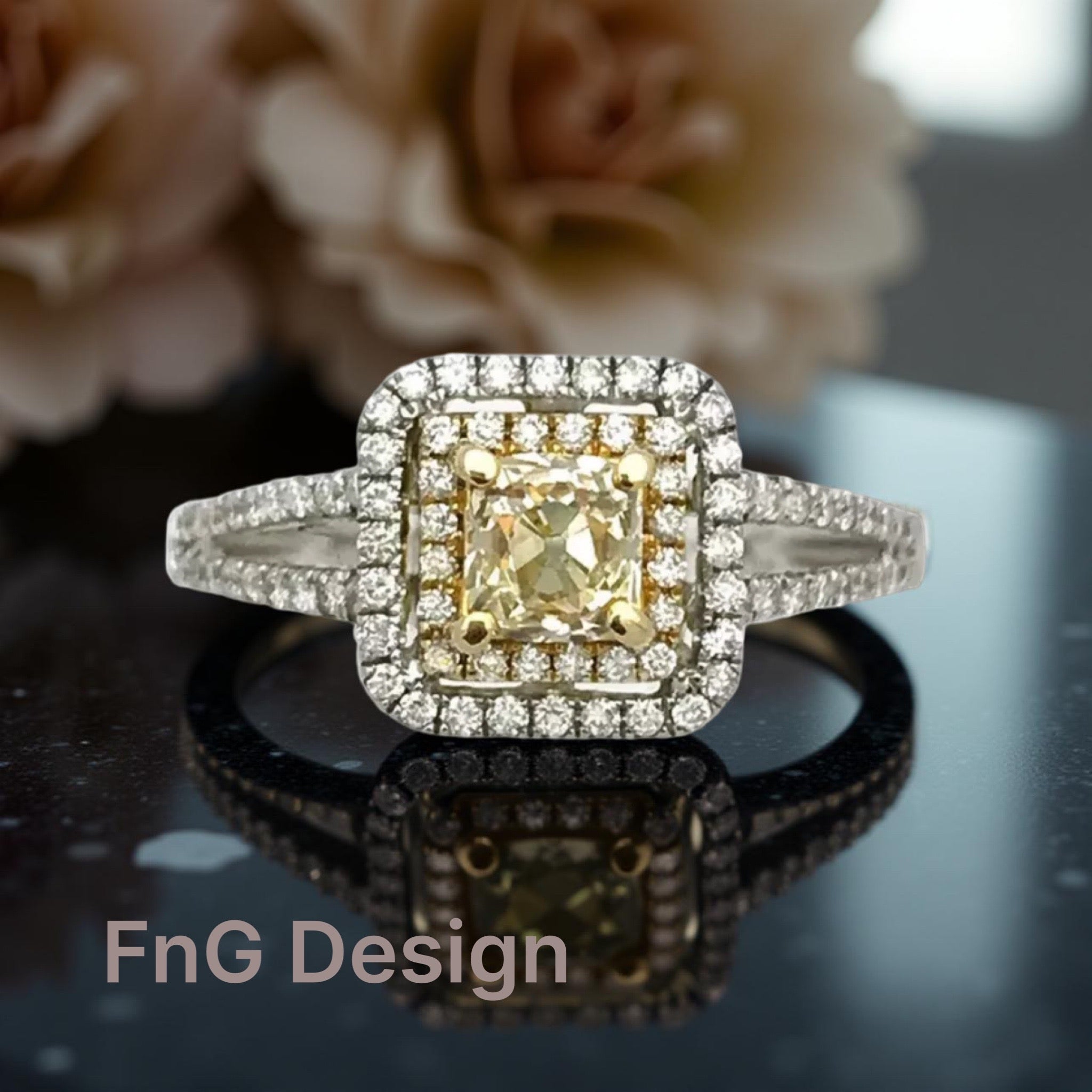 1.10 TCW (Ctr  0.51Ct)Natural Lt. Yellow Dia SI / White Dia 14K Wh/Yel Gold Ring