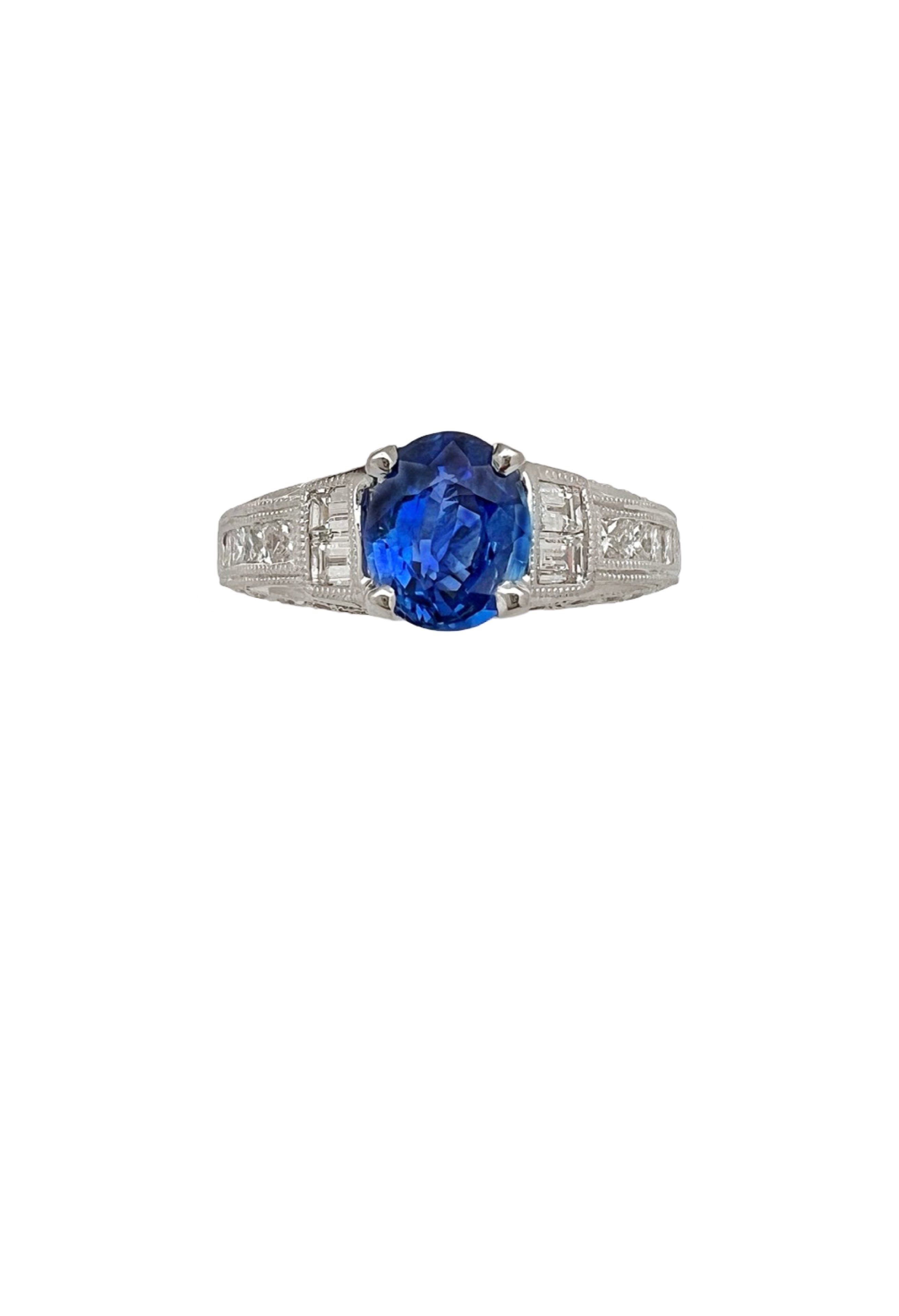 1.141Cts Medium-Dark Blue Sapphire Cert. W/1.02Cts Diamond 14K White Gold Ring