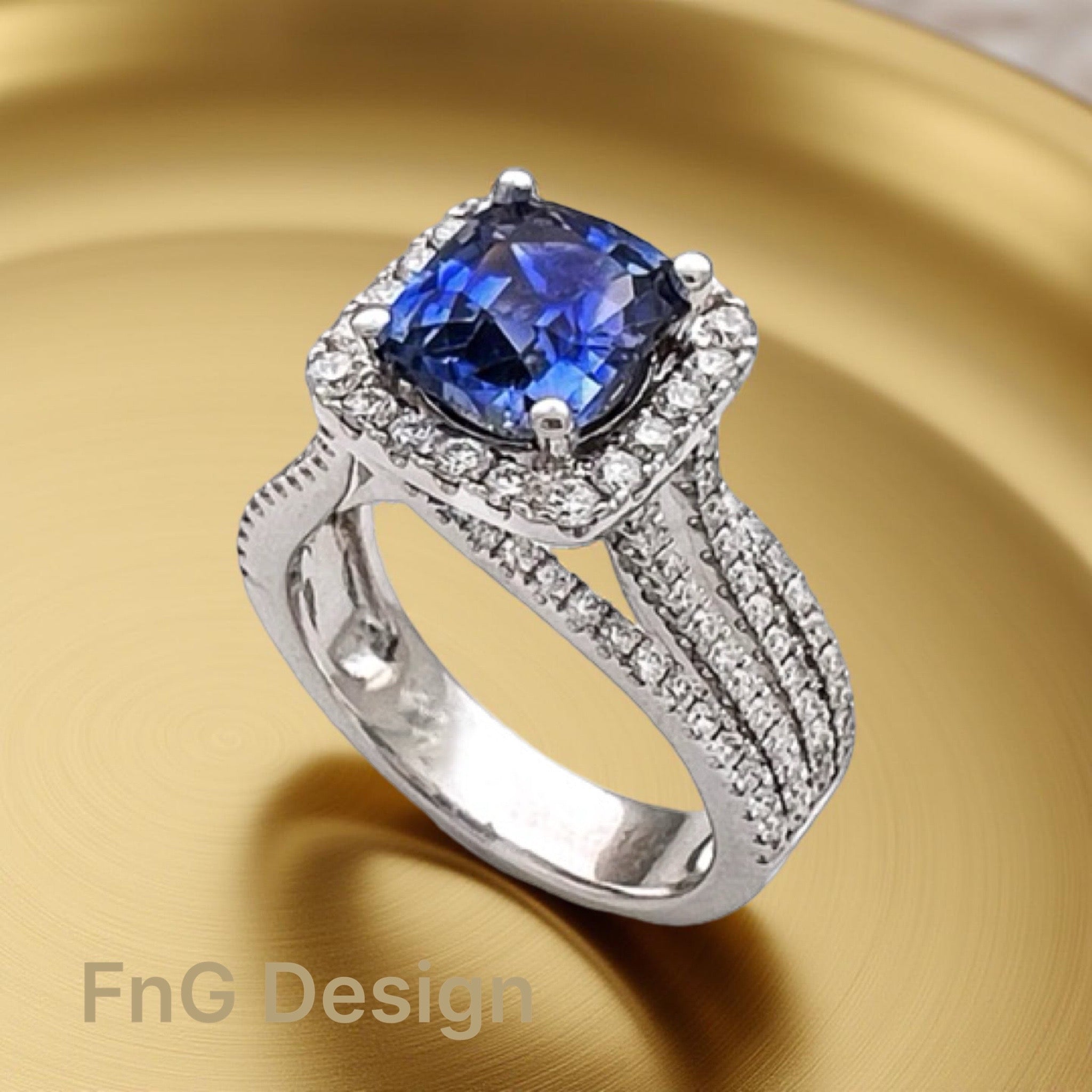 2.51 Carats Sapphire Ceylon Heated (Certified) & 1.48 Carats Diamonds VS2 Set In 14K White Gold Ring
