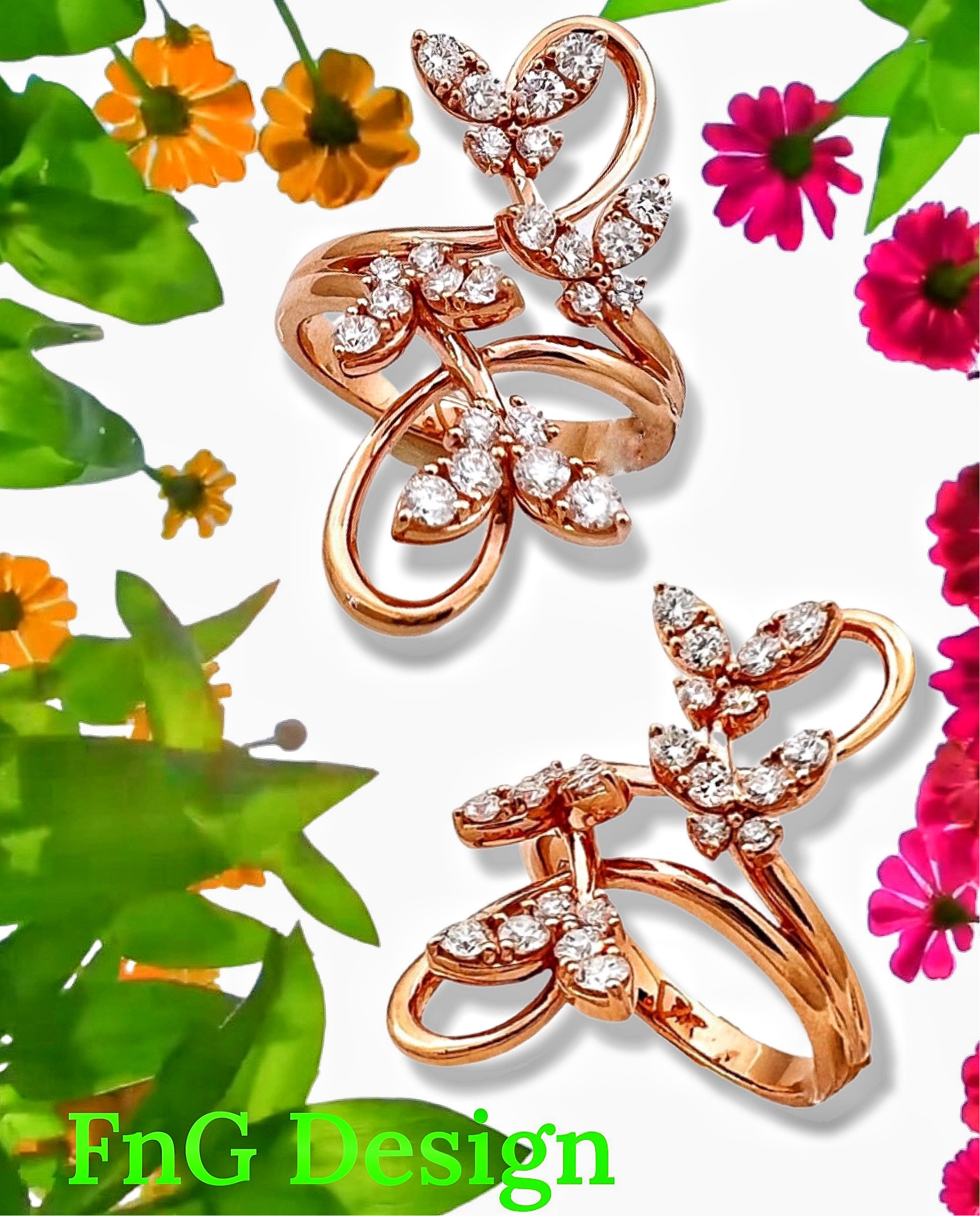 1.12 Carats Diamonds 18K Rose Gold Fluttering Butterflies Ring