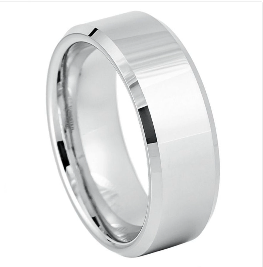 White Tungsten Carbide 8mm ion Plating Flat Beveled hi-Polished Finish Ring