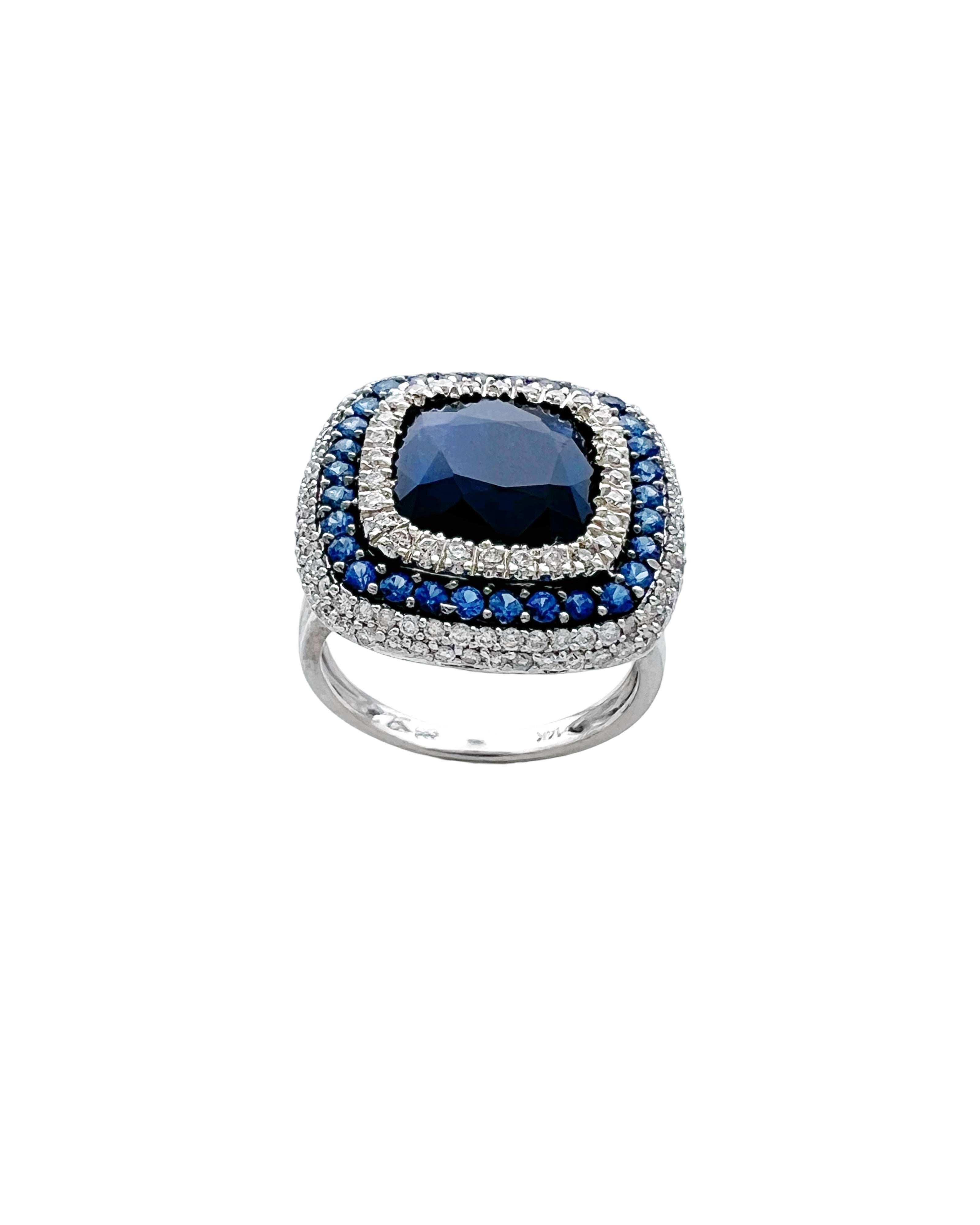5.40 Carats Sapphire/Center 4.80 Sapphire Madagascar And 1.02 Carats Diamond VS2 Set 14 Karat White Gold Ring