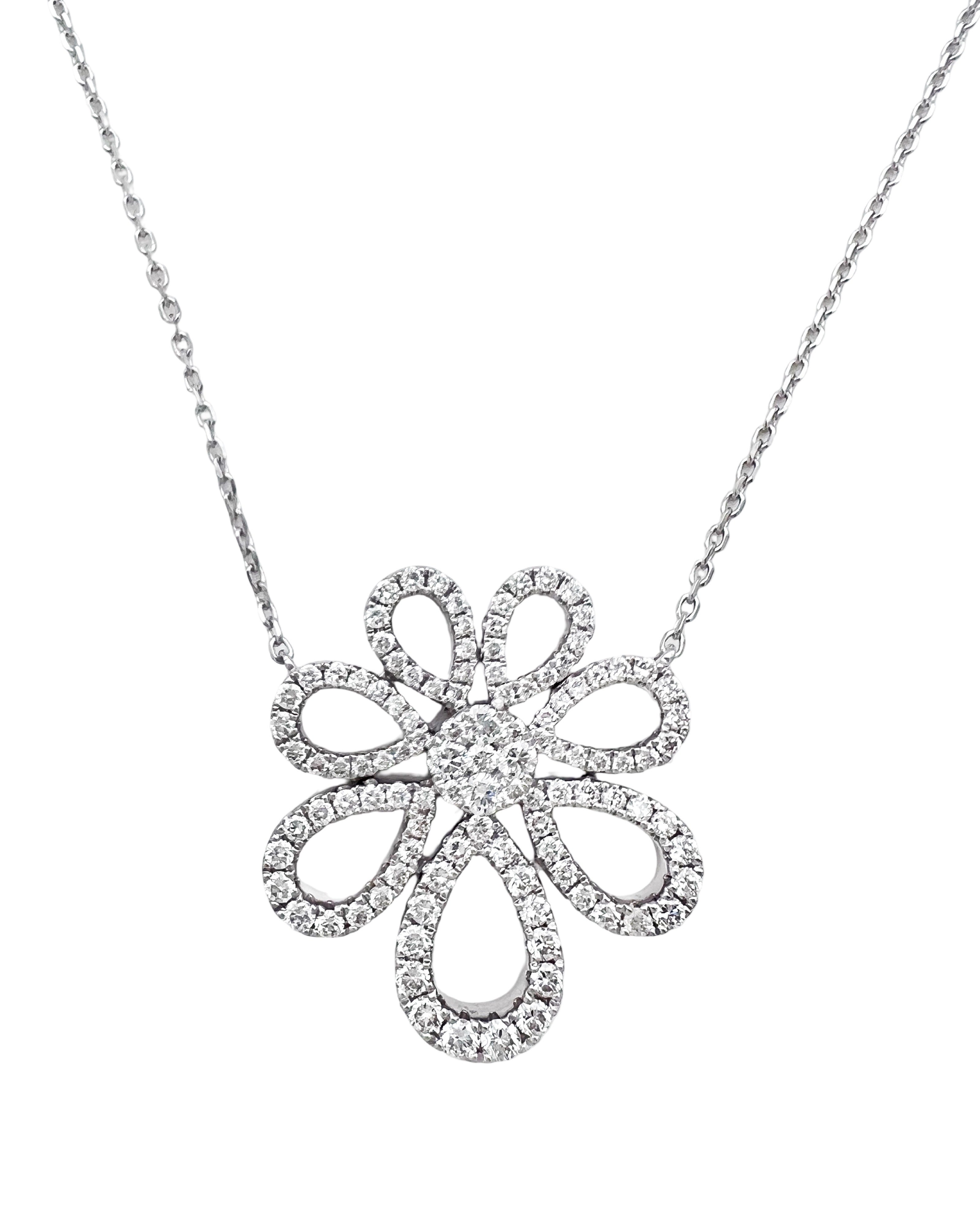 2.71 Carats Diamonds VS2 Set In 14 Karat White Gold Floral Motif Pendant Attached 17” Adjustable 16” Diamond-Cut Rolo Chain