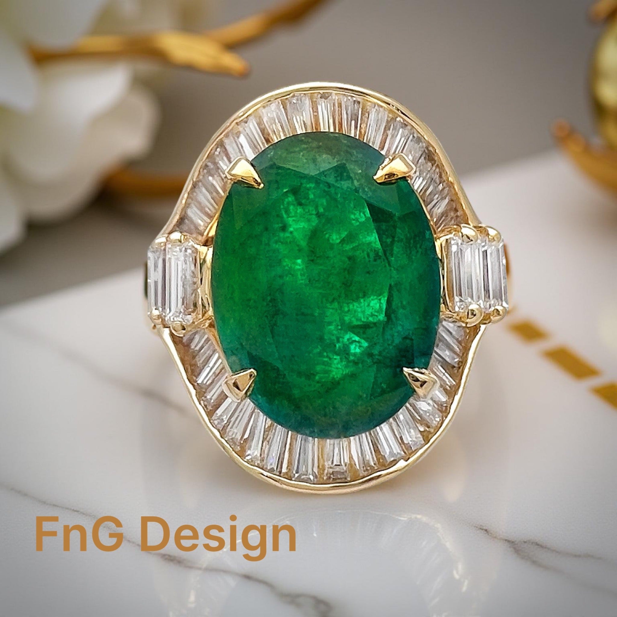 6.32 Carats Brazilian Emerald F2 (Certified) & 1.85 Carats Diamond VS2 Set In 14 Karat Yellow Gold Ring