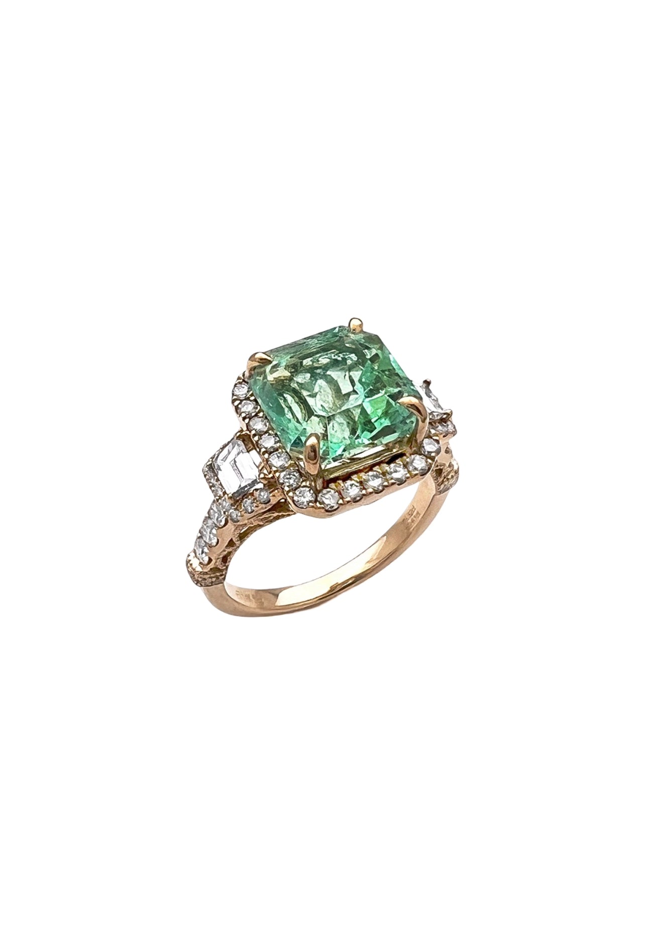 4.19 Carats Colombian Emerald No Oil (Certified) & 1.13 Carats Diamonds VS2 Set In 14 Karat Yellow Gold Ring
