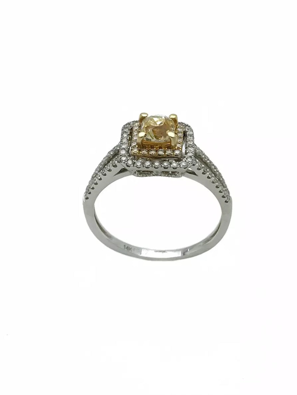 1.10 TCW (Ctr  0.51Ct)Natural Lt. Yellow Dia SI / White Dia 14K Wh/Yel Gold Ring