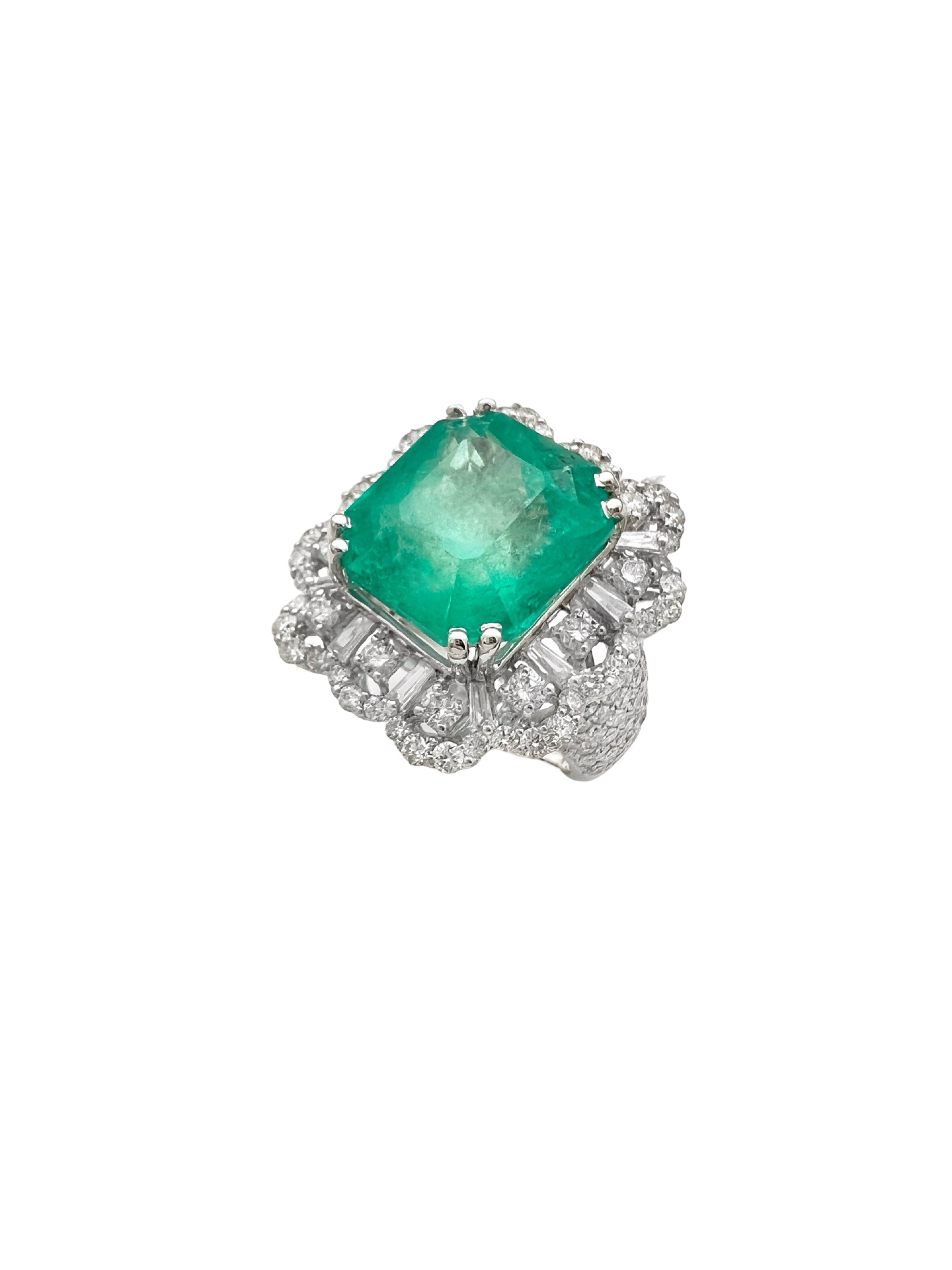 9.76Cts Colombian Emerald F1 (Certified) & 2.61Cts Diamonds VS2 Set 18Kt White Gold Ring