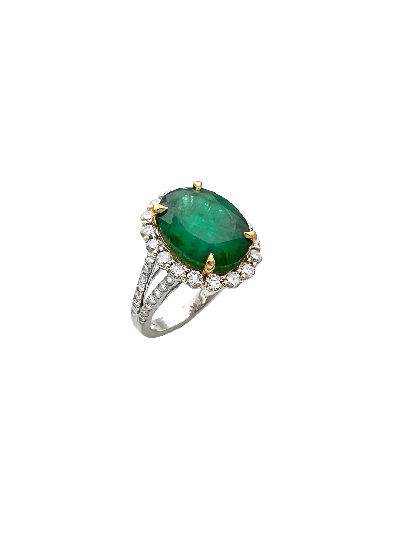6.47 Carats Brazilian Emerald F1 (Certified) & 1.44 Carats Diamond Halo Ring – 14K white & Yellow Gold Ring