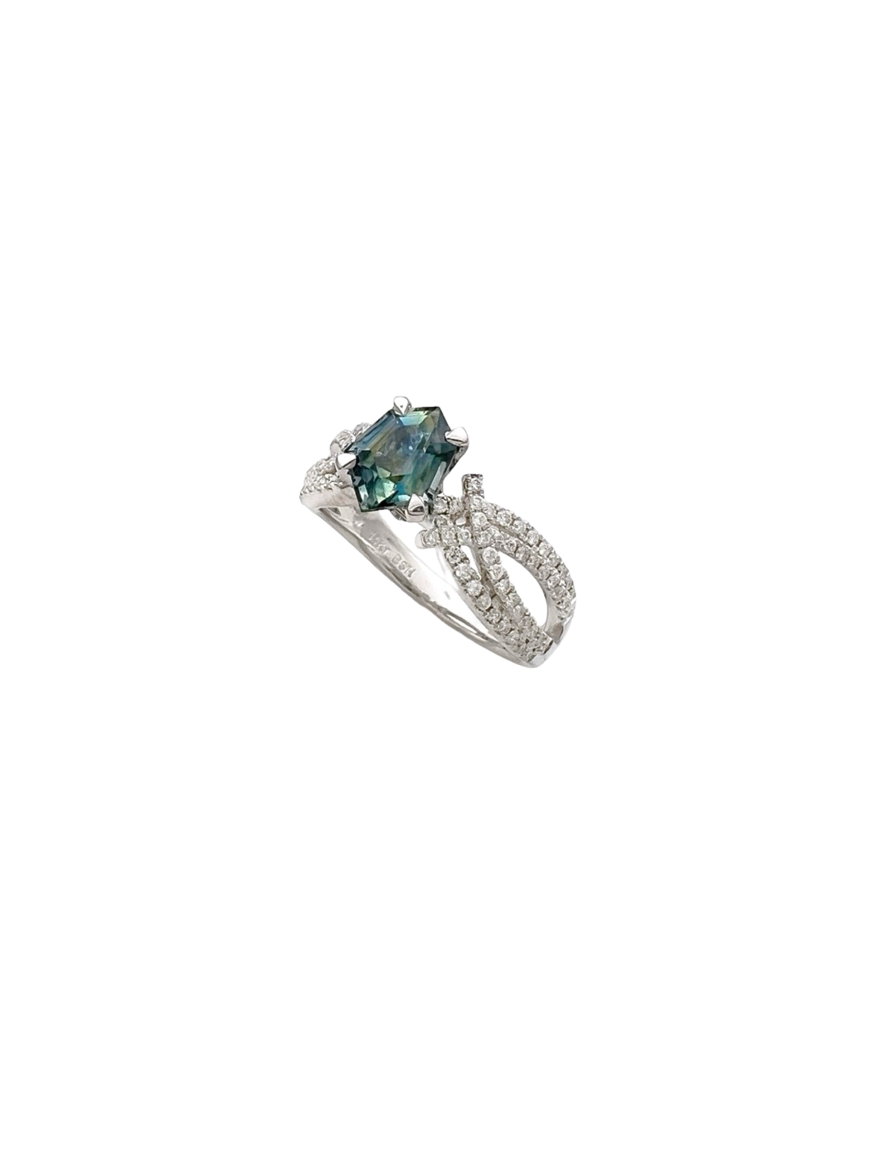 1.28 Carats Madagascar Sapphire No Heat (Certified) & 0.57 Carats Diamonds Set In 14 Karat White Gold Ring