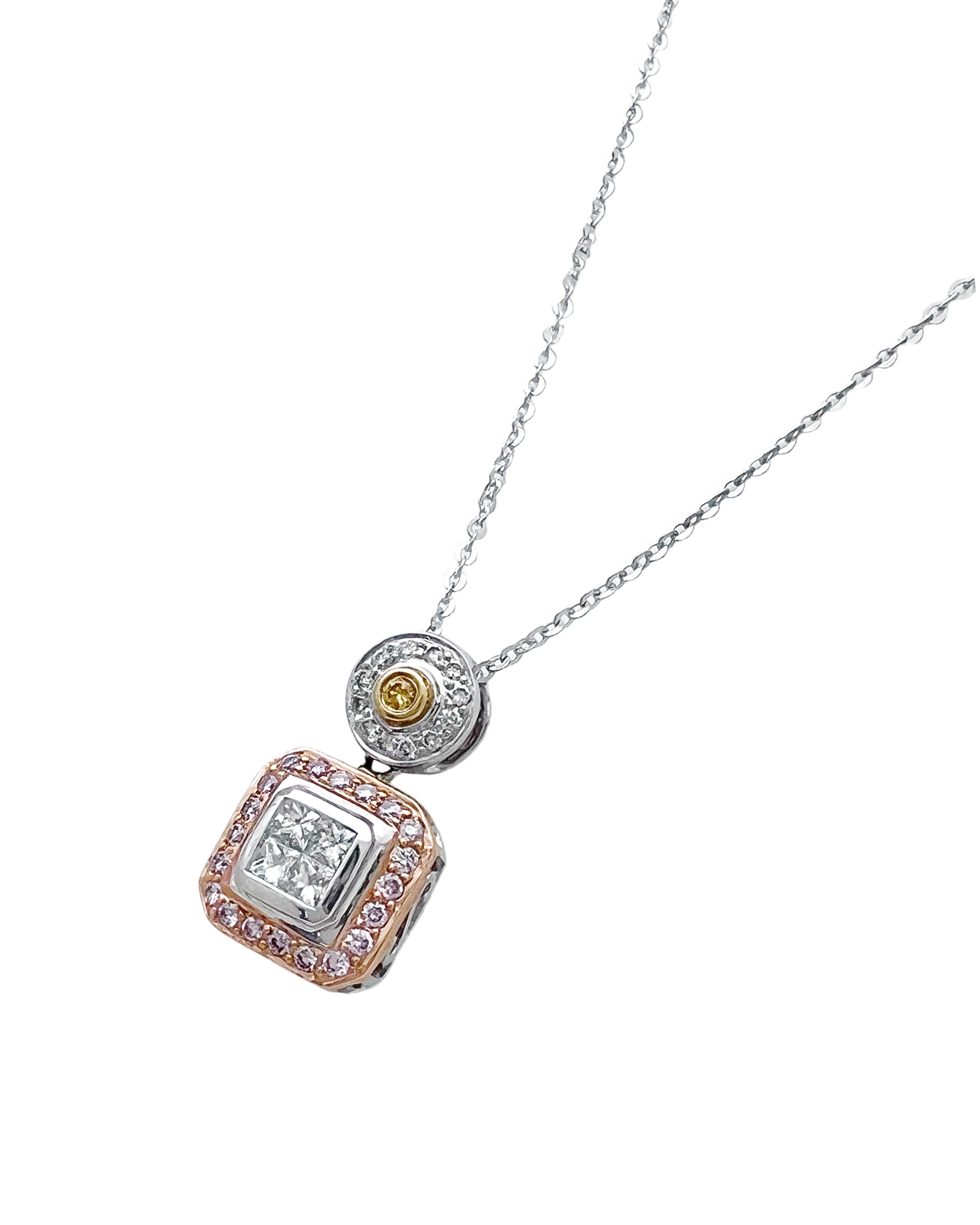 0.75 Carats Diamonds VS2 & 0.25 Carats Pink Diamonds & .03 Carats Yellow Diamonds Set In 18 Karat White Rose & Yellow Gold Pendant With Rolo Diamond-Cut Chain 18 Inches