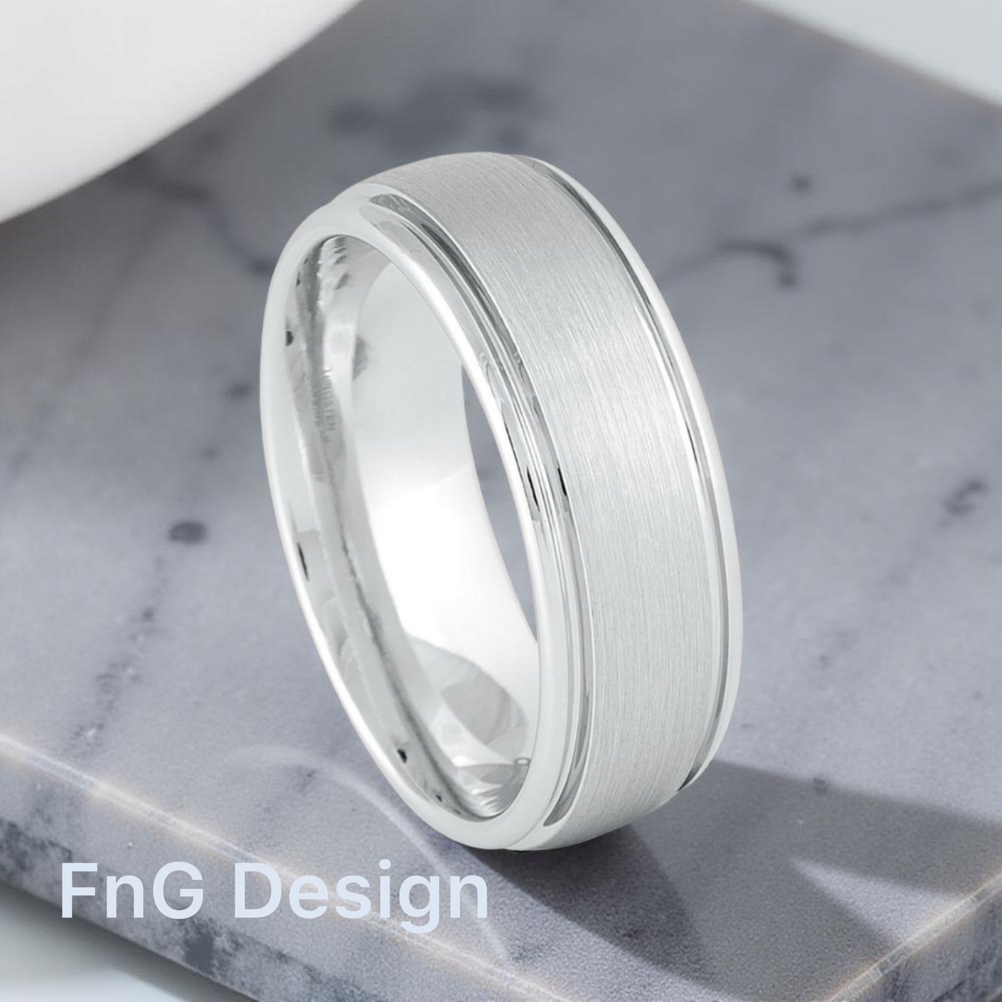 White Tungsten Carbide 8mm ion Plating Domed Grooved hi-Polished Center Brushed Finish Ring