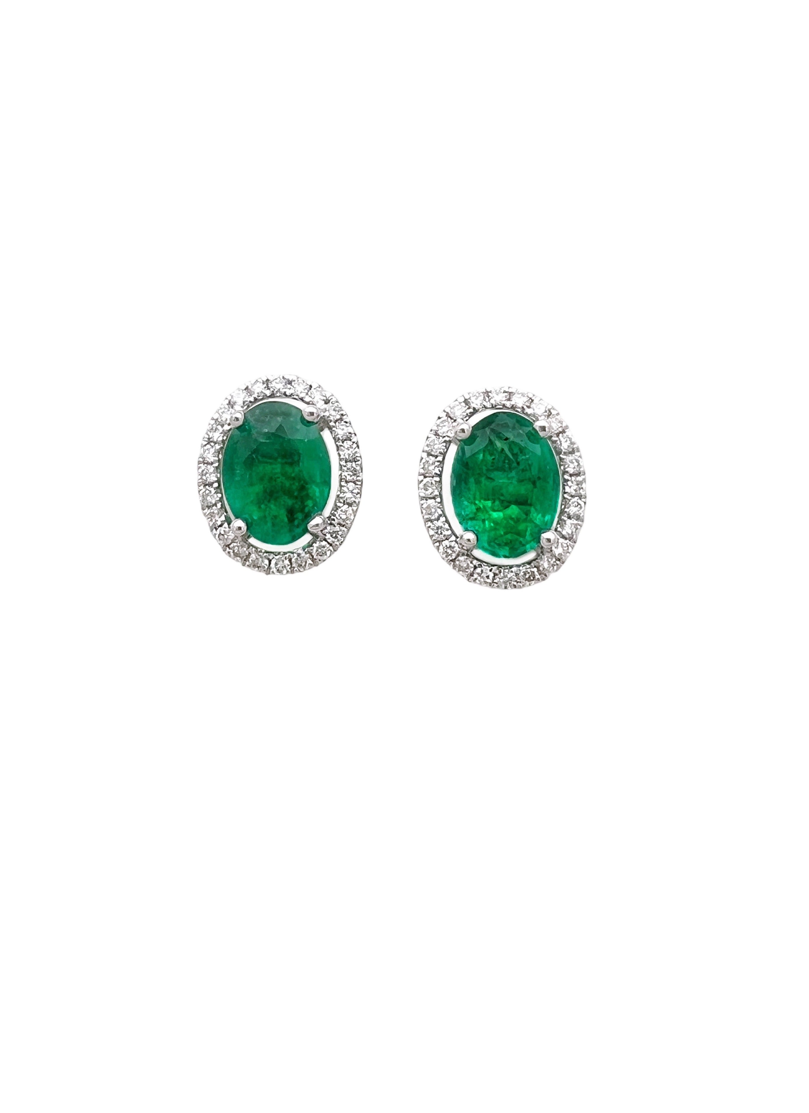 1.88 Carats Brazilian Emeralds F2 (Certified) & 0.48 Carats Diamonds Set In 18 Karat White Gold Earrings