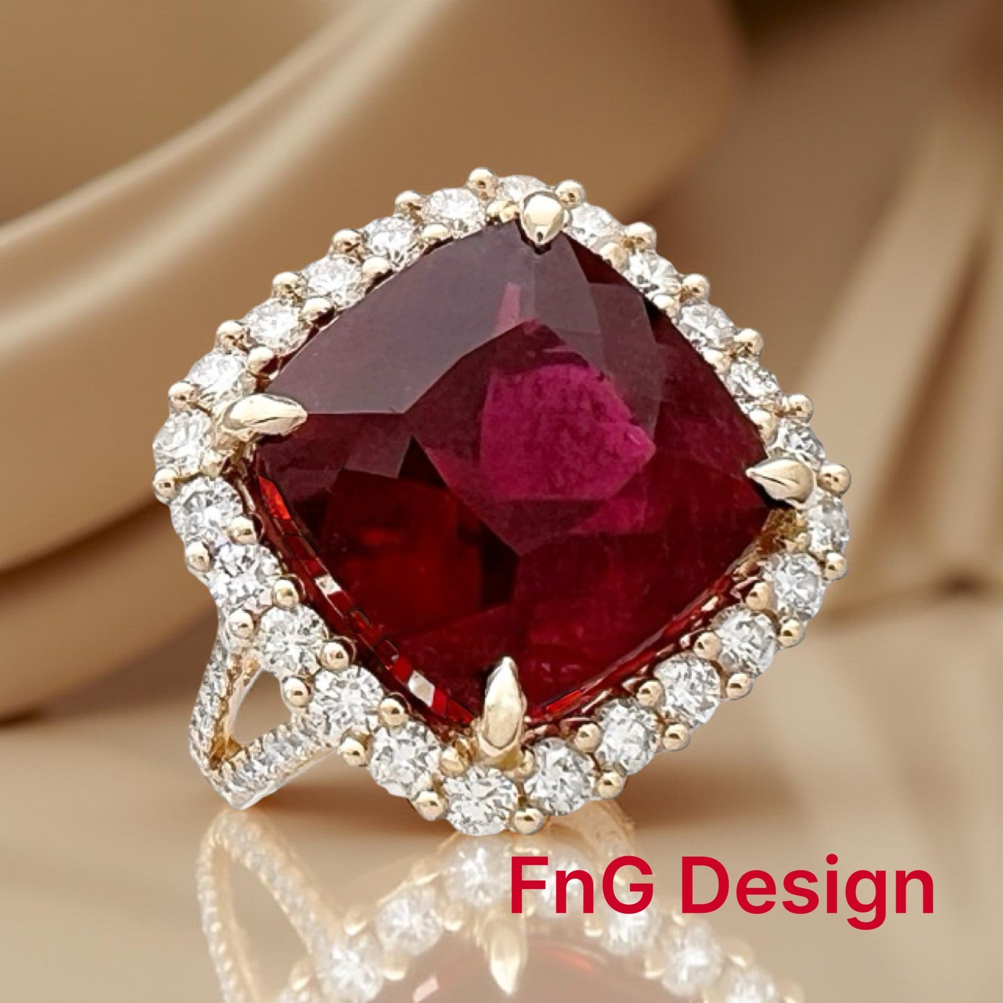 11.95 Carats Rubellite Tourmaline (Certified) & 1.76 Carats Diamonds VS2 Set In 14K Yellow Gold Ring