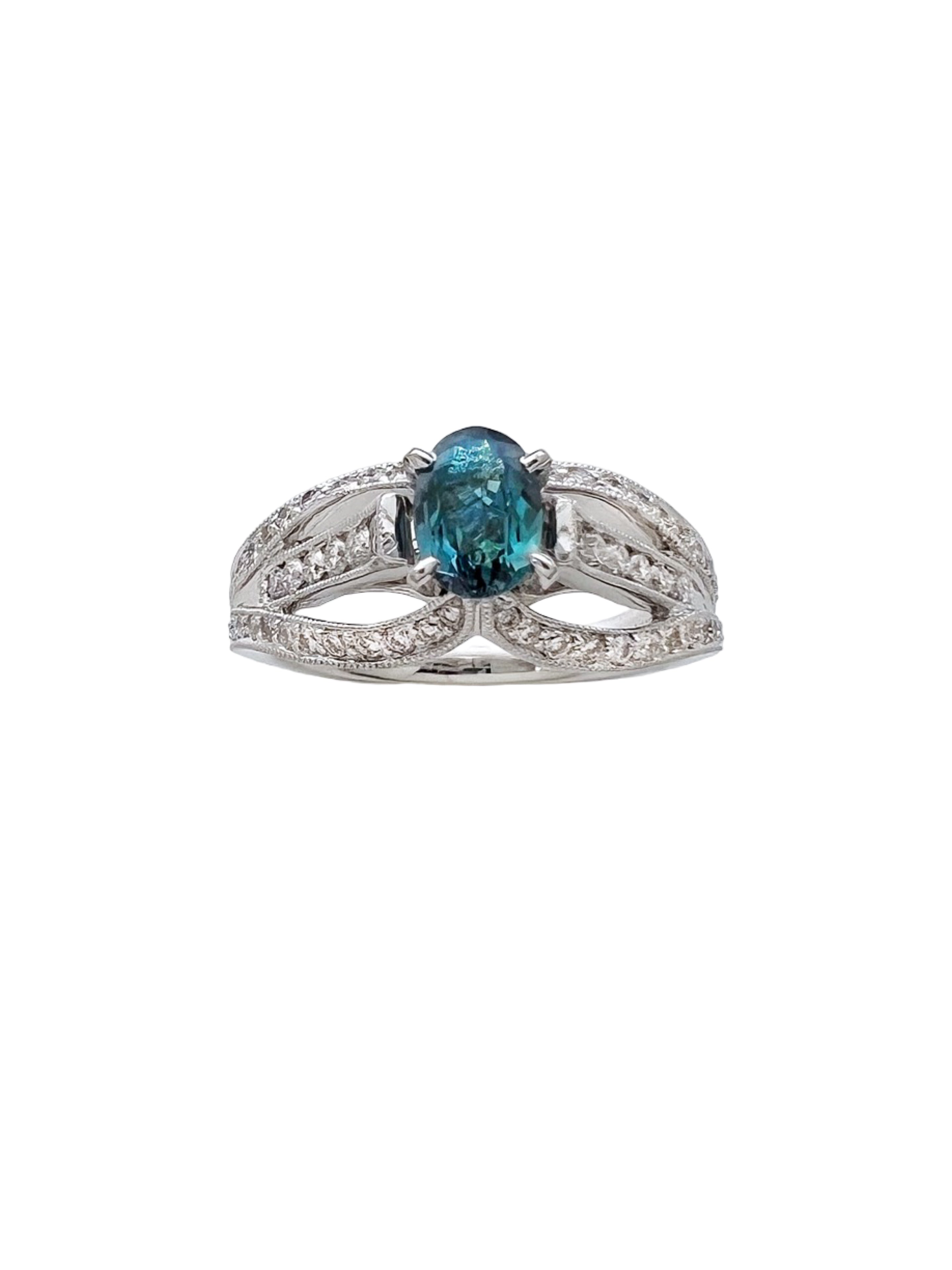 0.55 Carats Alexandrite GIA (Certified) & 0.94 Carats Diamonds Set In 18K white Gold Ring