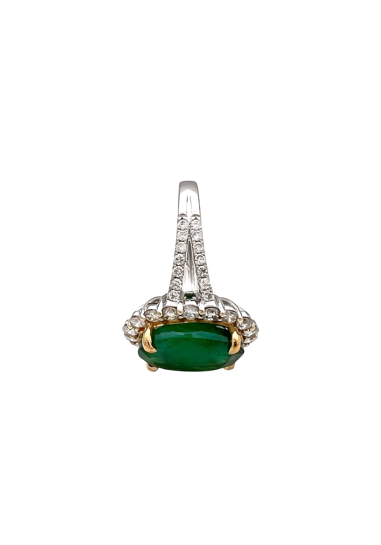 6.47 Carats Brazilian Emerald F1 (Certified) & 1.44 Carats Diamond Halo Ring – 14K white & Yellow Gold Ring