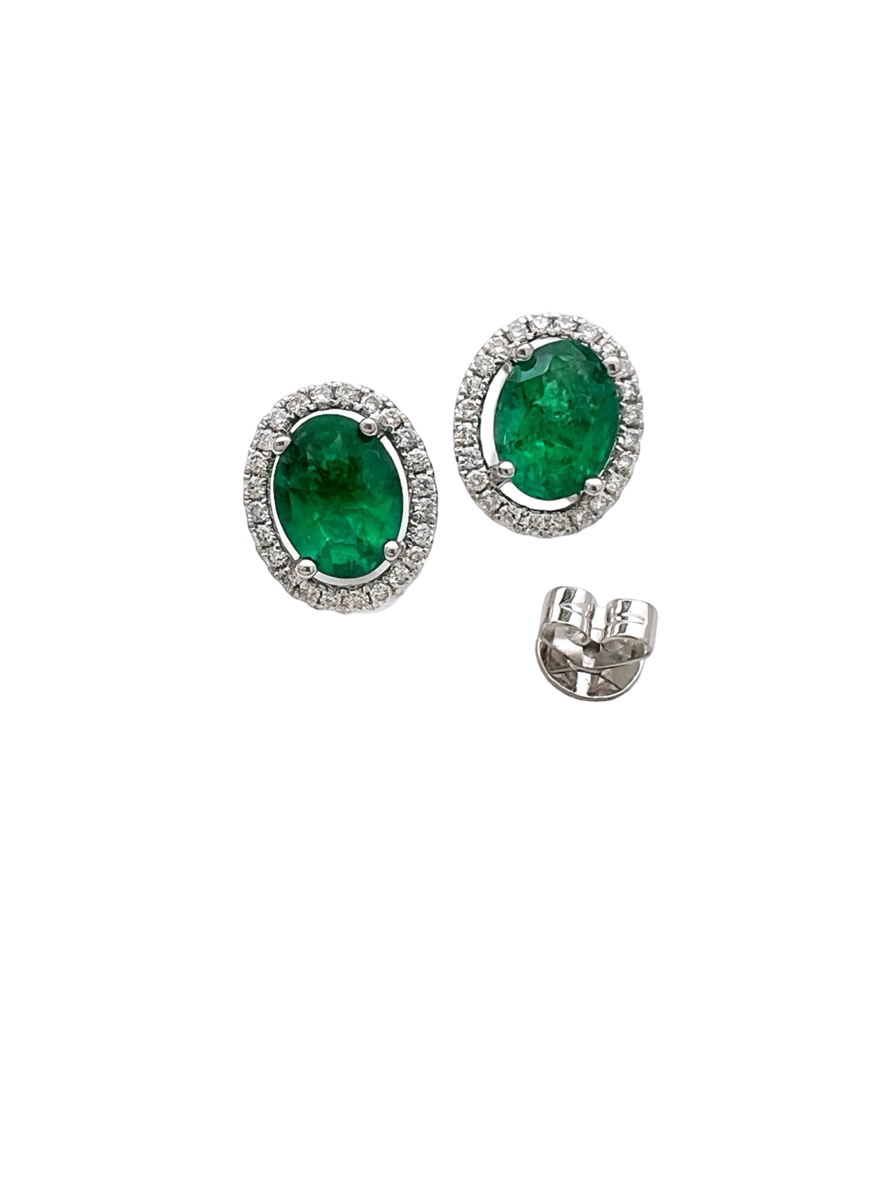 1.88 Carats Brazilian Emeralds F2 (Certified) & 0.48 Carats Diamonds Set In 18 Karat White Gold Earrings