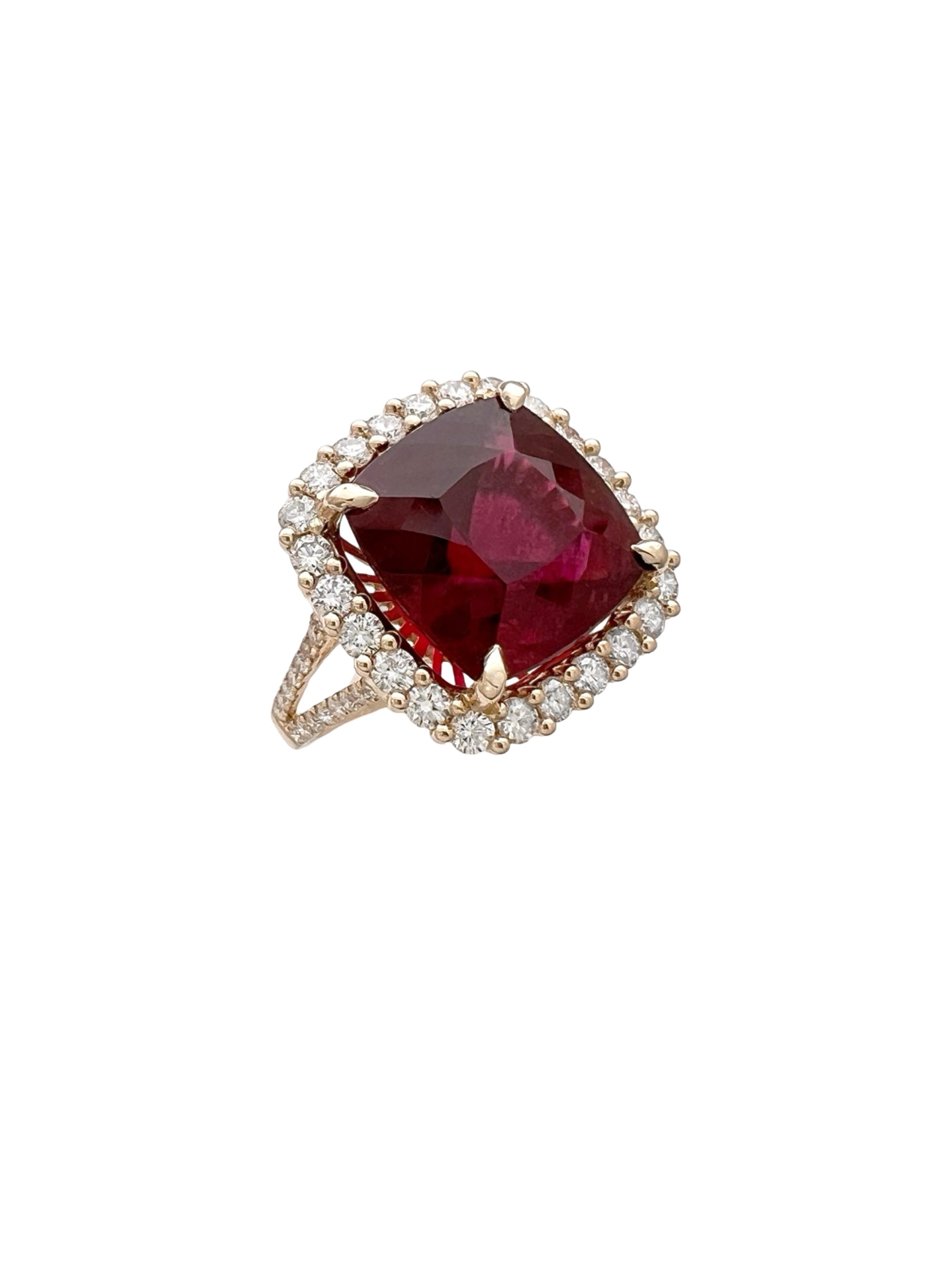 11.95 Carats Rubellite Tourmaline (Certified) & 1.76 Carats Diamonds VS2 Set In 14K Yellow Gold Ring