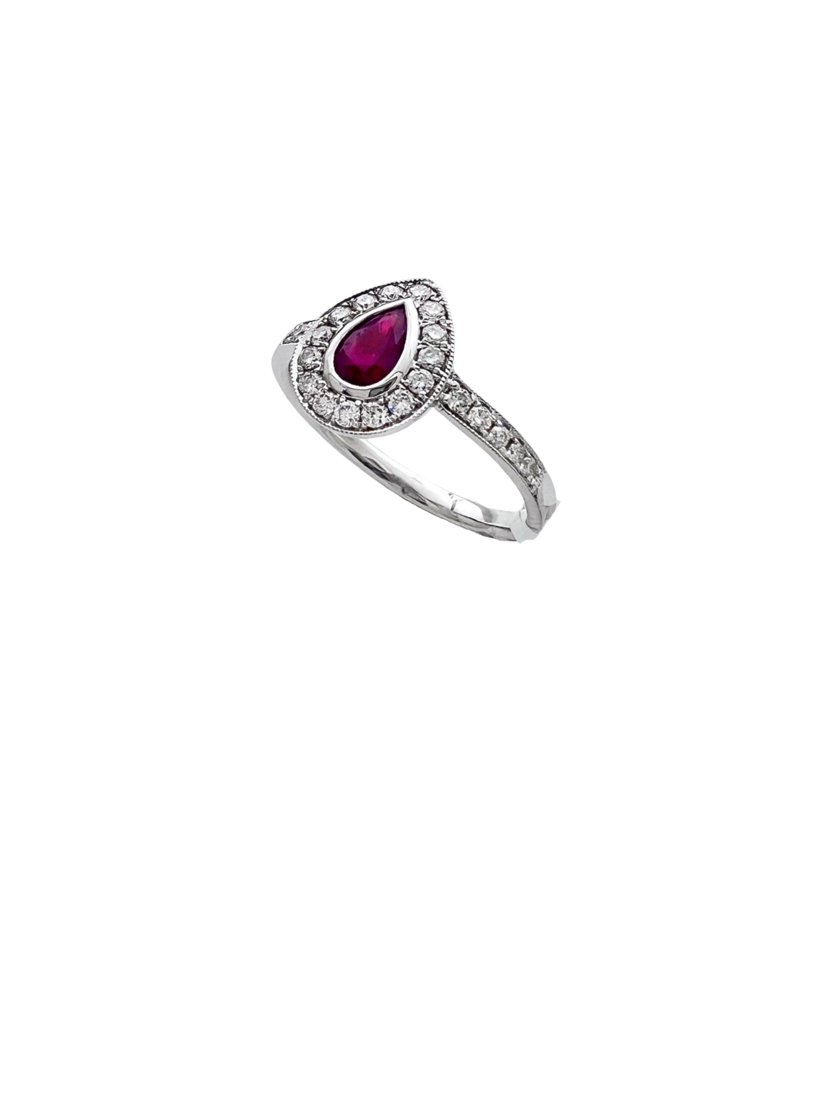 0.26 Carats Diamond VS2 & 0.39 Carats Red Ruby Set In 14 Karat White Gold Ring