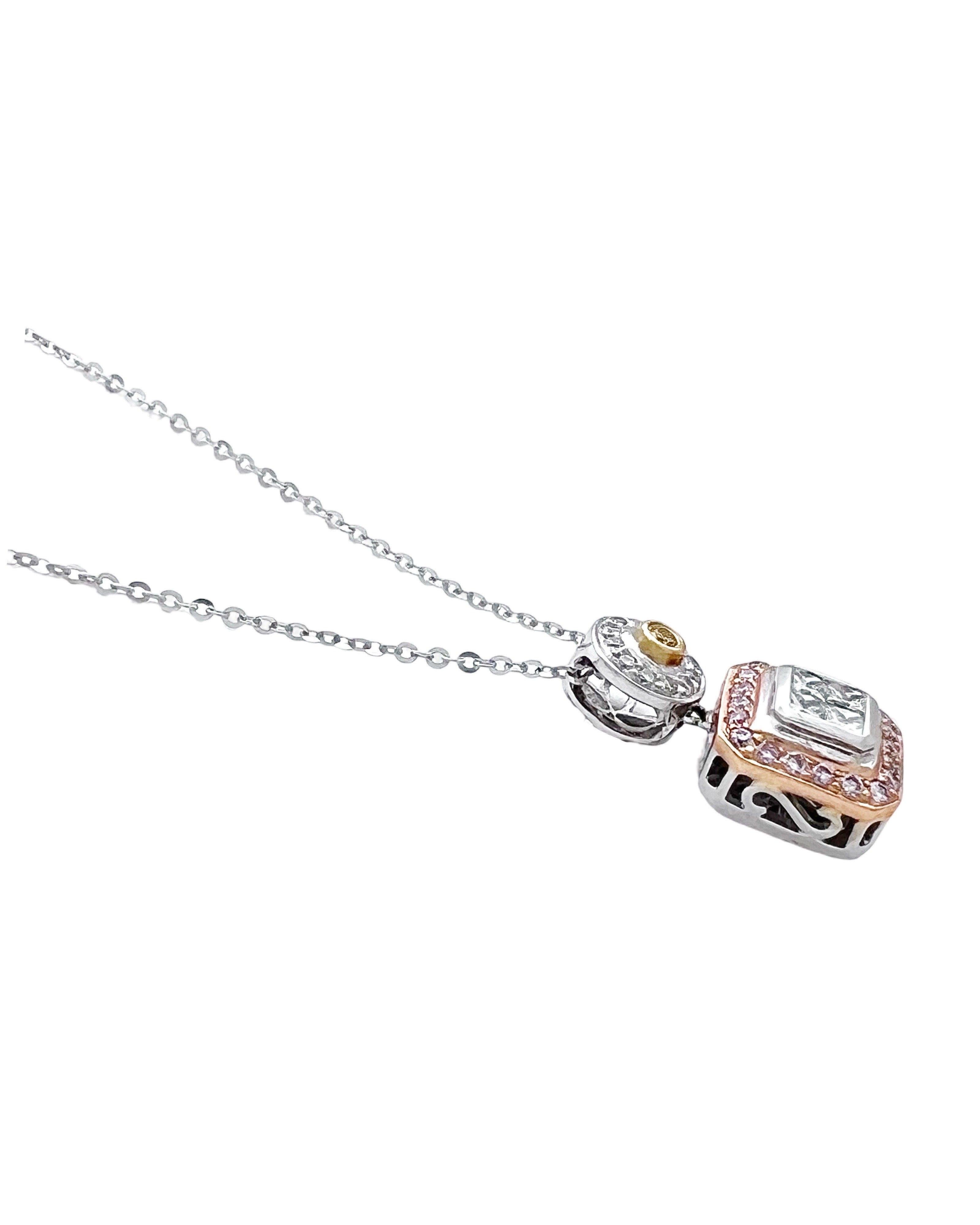 0.75 Carats Diamonds VS2 & 0.25 Carats Pink Diamonds & .03 Carats Yellow Diamonds Set In 18 Karat White Rose & Yellow Gold Pendant With Rolo Diamond-Cut Chain 18 Inches