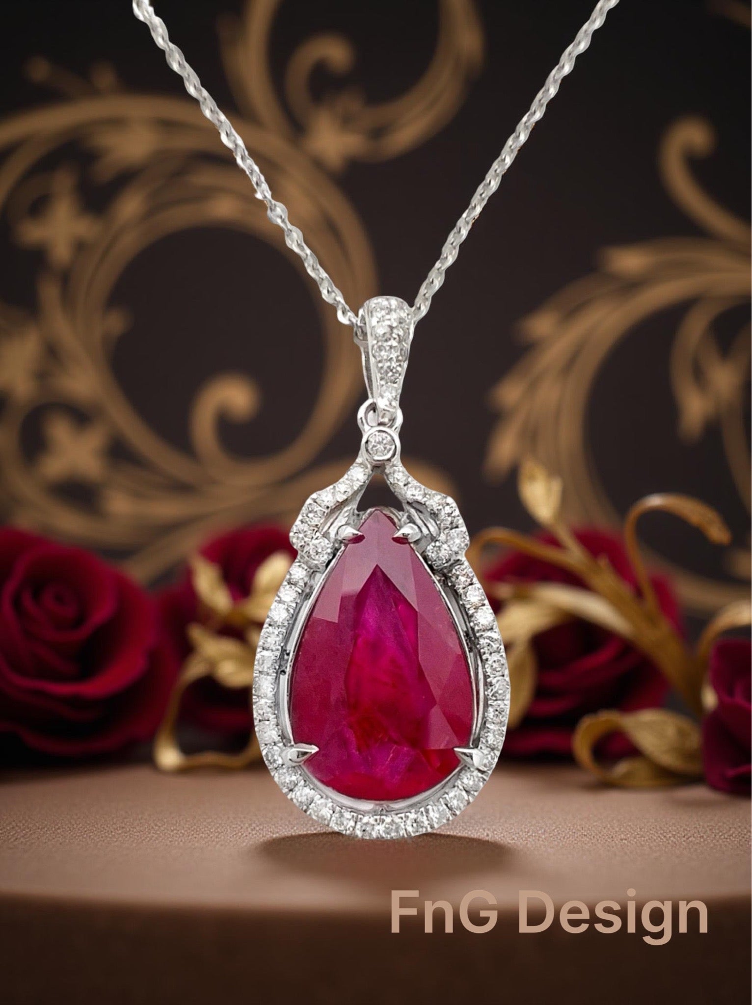 3.11 Carats Ruby Heated GIA (Certified) & 0.51 Carats Diamonds VS2 Set In 14 Karat White Gold Pendant With 14 Karat Chain 18 Inches