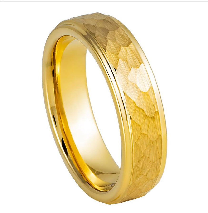 Gold Tungsten Carbide 6mm ion Plating Flat Hammered Finished hi-Polished Stepped Edge Ring