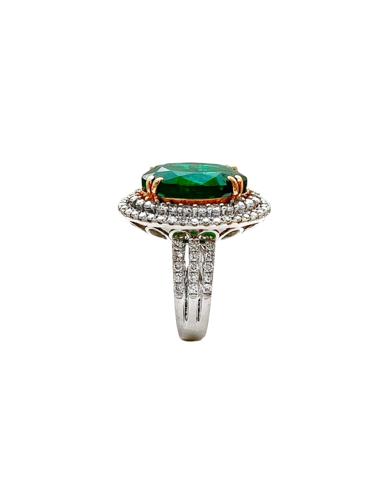 10.21 Carats Brazilian Emerald F2 (Certified) & 2.03 Carats Diamonds Double Halo Ring – 14K White & Yellow Gold Ring