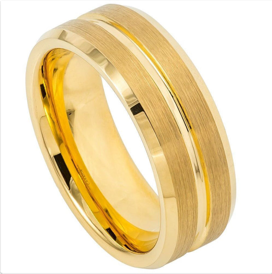 Gold Tungsten Carbide 8mm ion Plating Flat Brushed hi-Polished Groove & Bevel Edge Ring