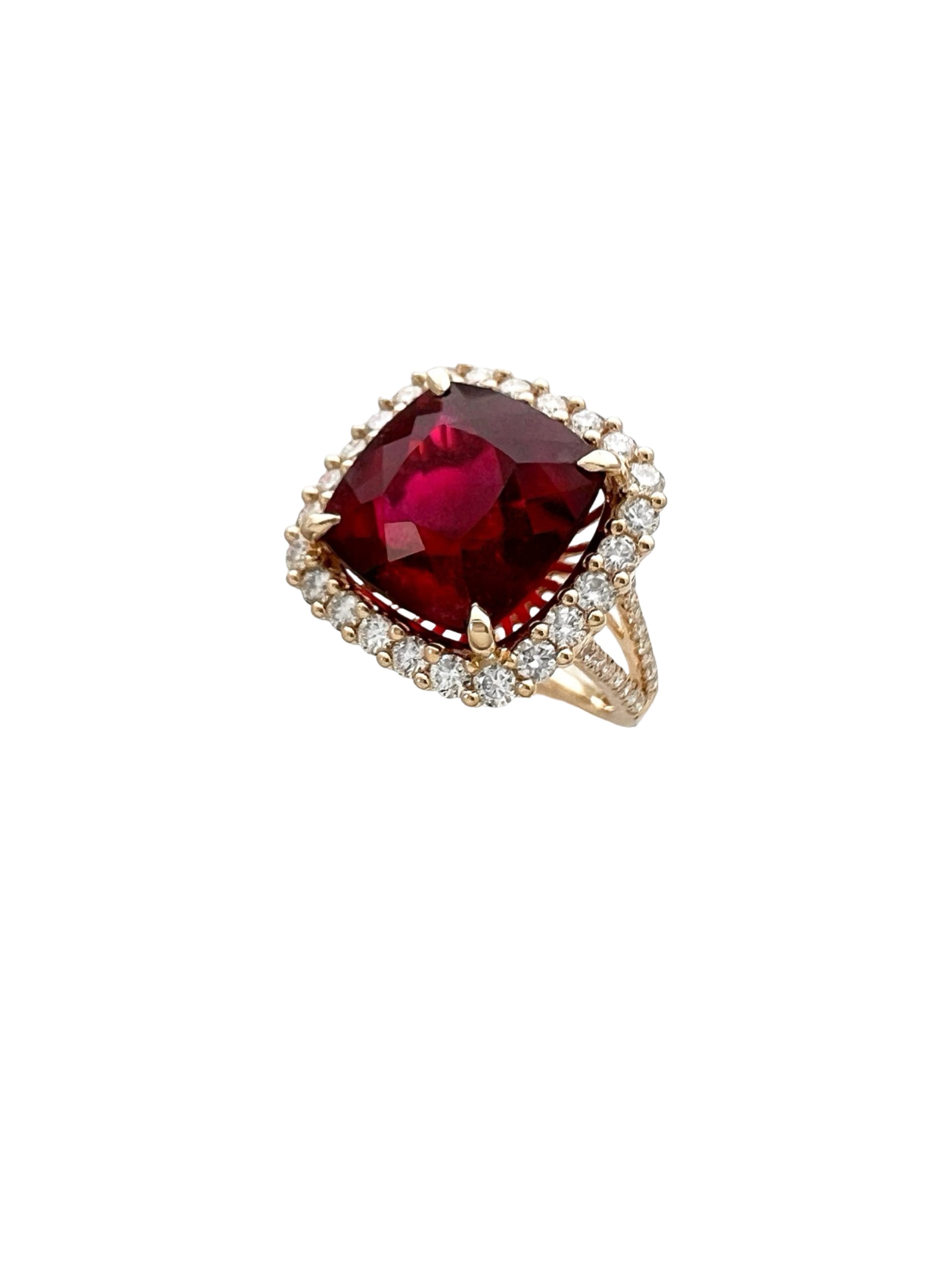 11.95 Carats Rubellite Tourmaline (Certified) & 1.76 Carats Diamonds VS2 Set In 14K Yellow Gold Ring