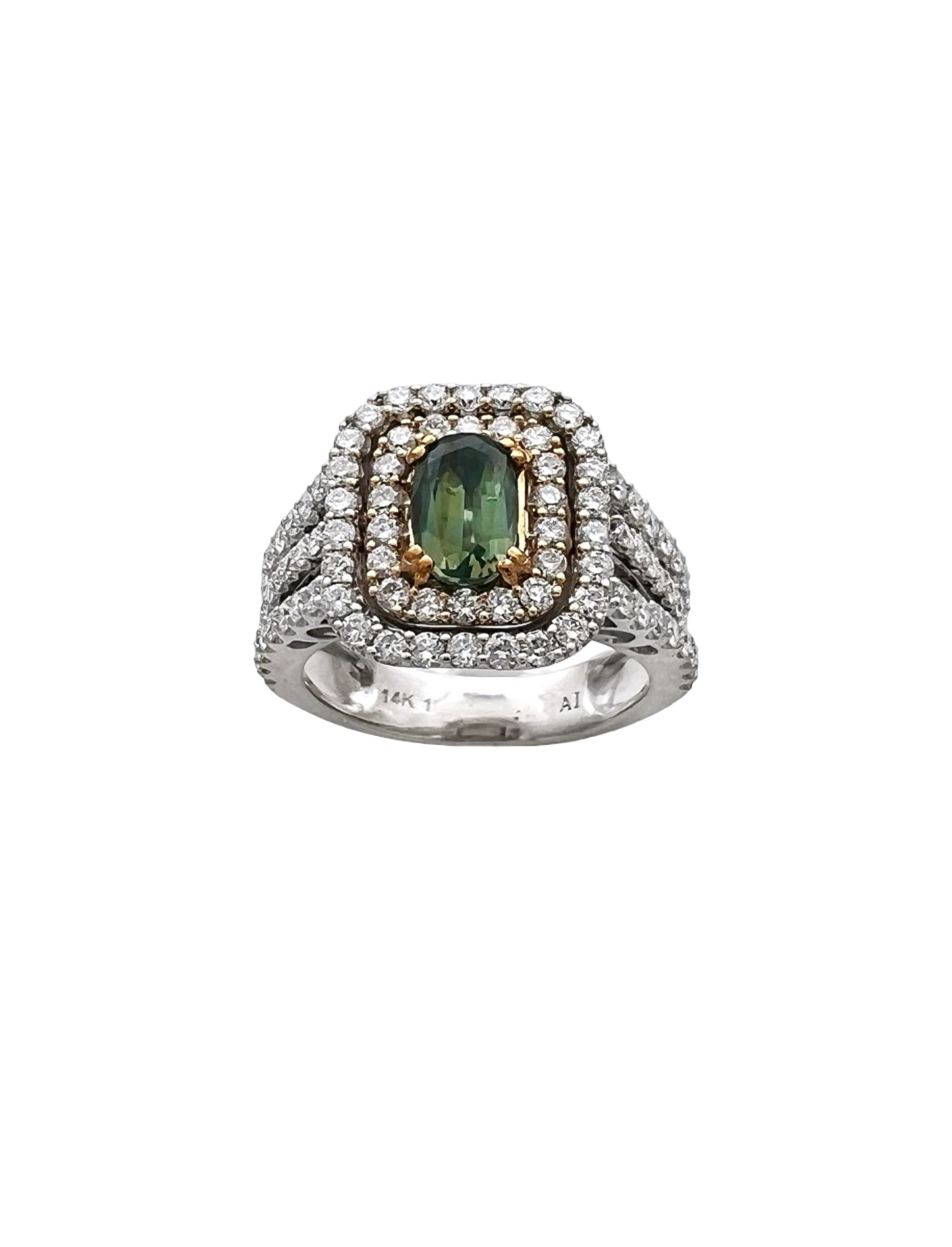 1.09 Carats Alexandrite GIA (Certified) & 1.72 Carats Diamonds VS2 Set In 14K white-Yellow Gold Ring