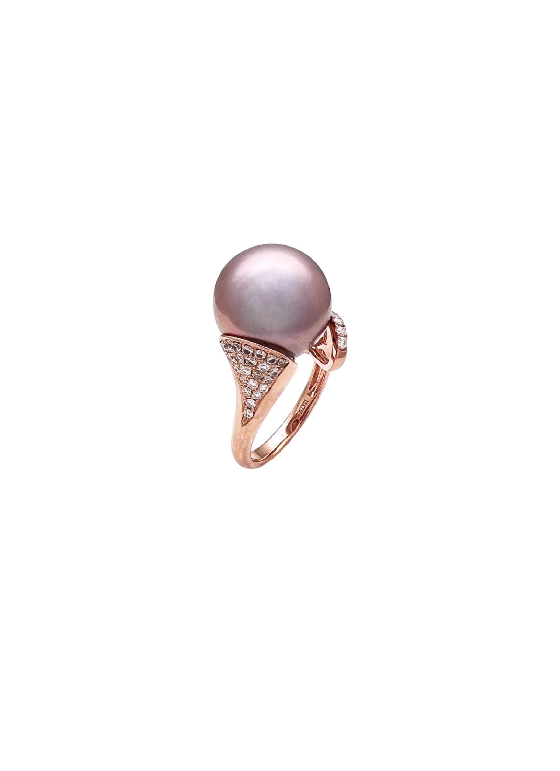12.6MM Certified Aubergine South Sea Pearl & 0.31 Carats Diamonds Set In 18 Karat Rose Gold Ring