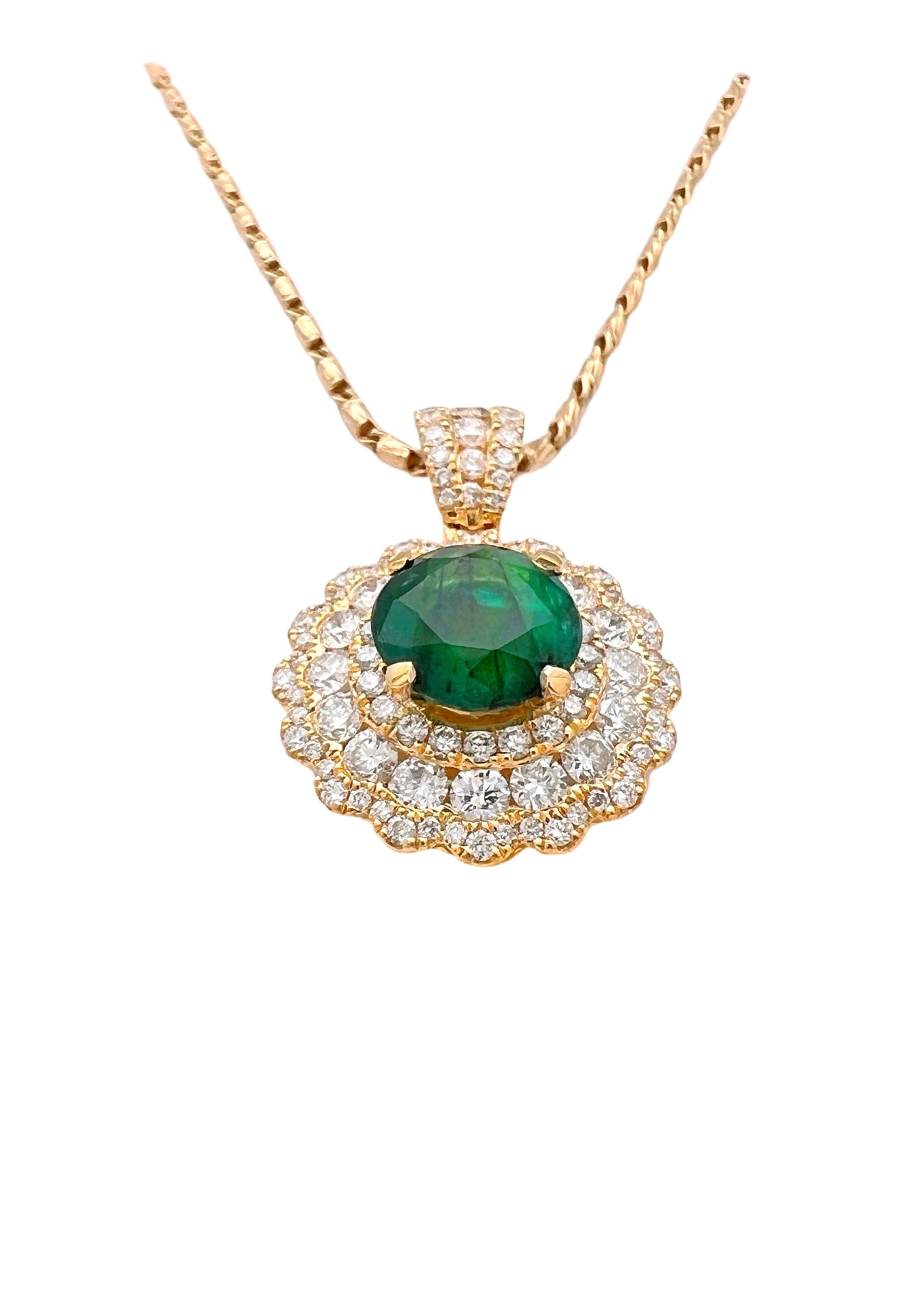 2.31Ct Trapiche Emerald N/O (Col.)Cert. & 1.84Ct Dia 18K Yel-Gold Pendant-Chain