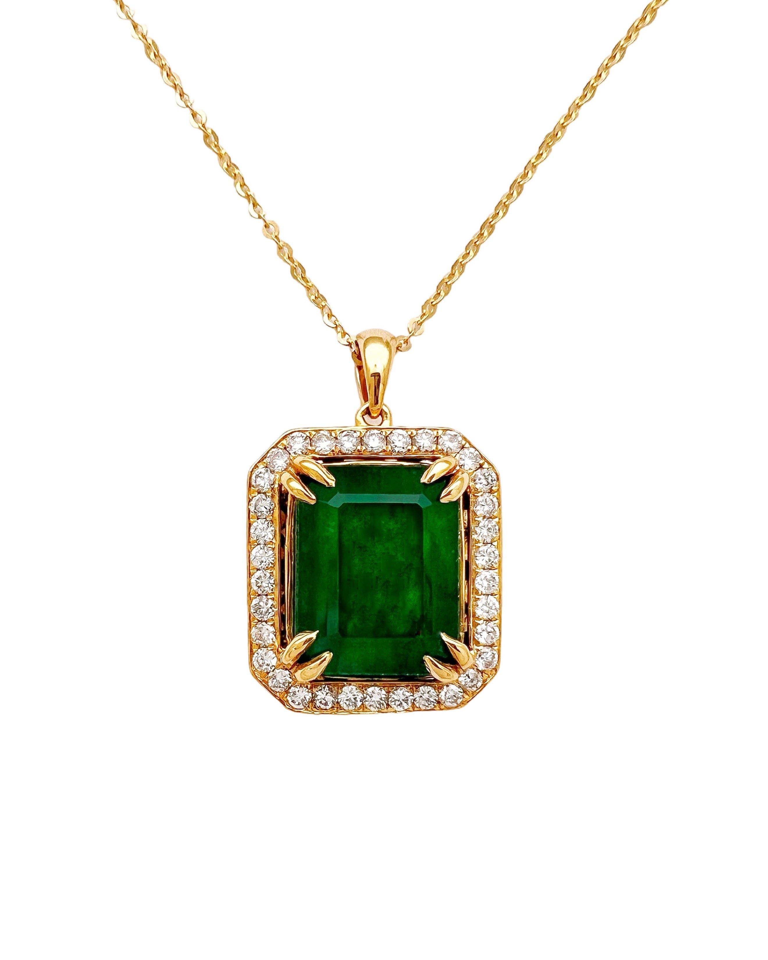 7.08 Carats Brazilian Emerald No-Oil (Certified) & 0.56 Carats Diamonds VS2 (34 melees) 3.6 Grams Set In 14 Karat Yellow Gold Pendant Includes 14 Karat Chain 18 Inches