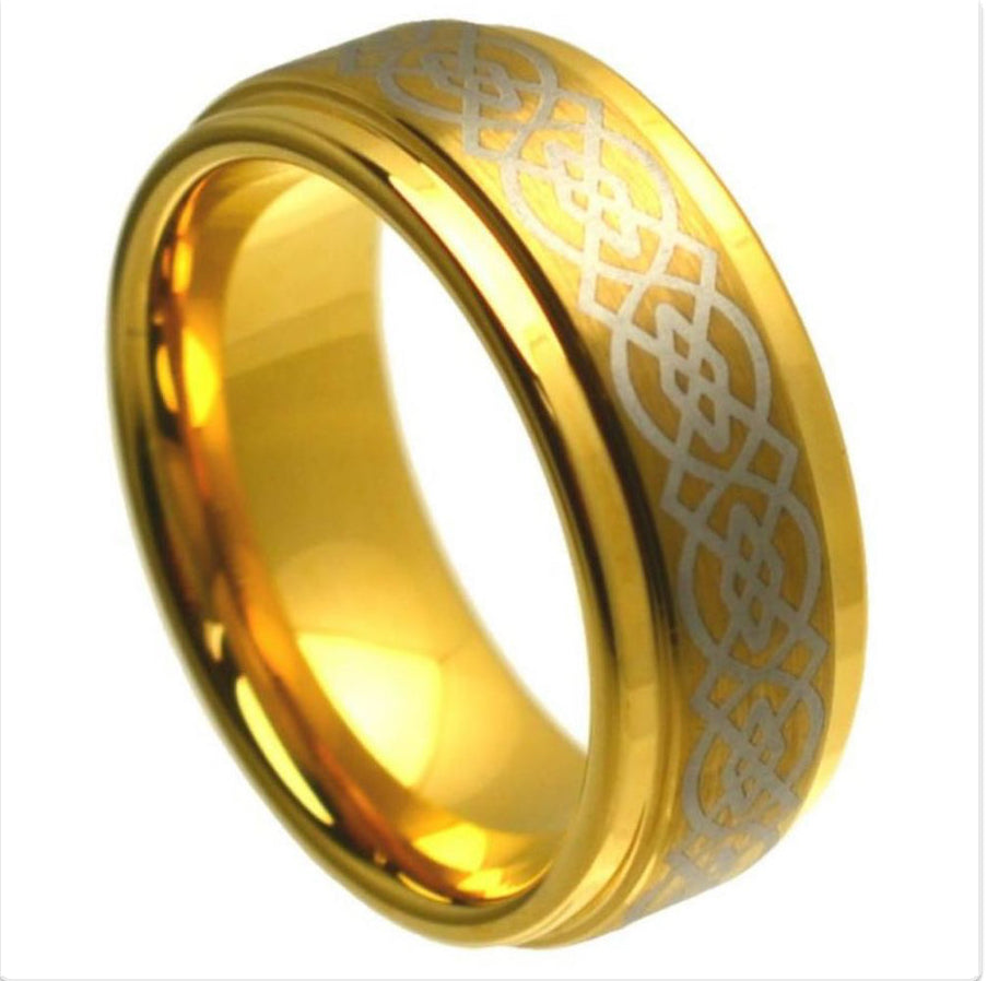Gold Tungsten Carbide 8mm ion Plating Flat Laser Engraved Silver Celtic Knot-Work Finished hi-Polished Stepped Edge Ring