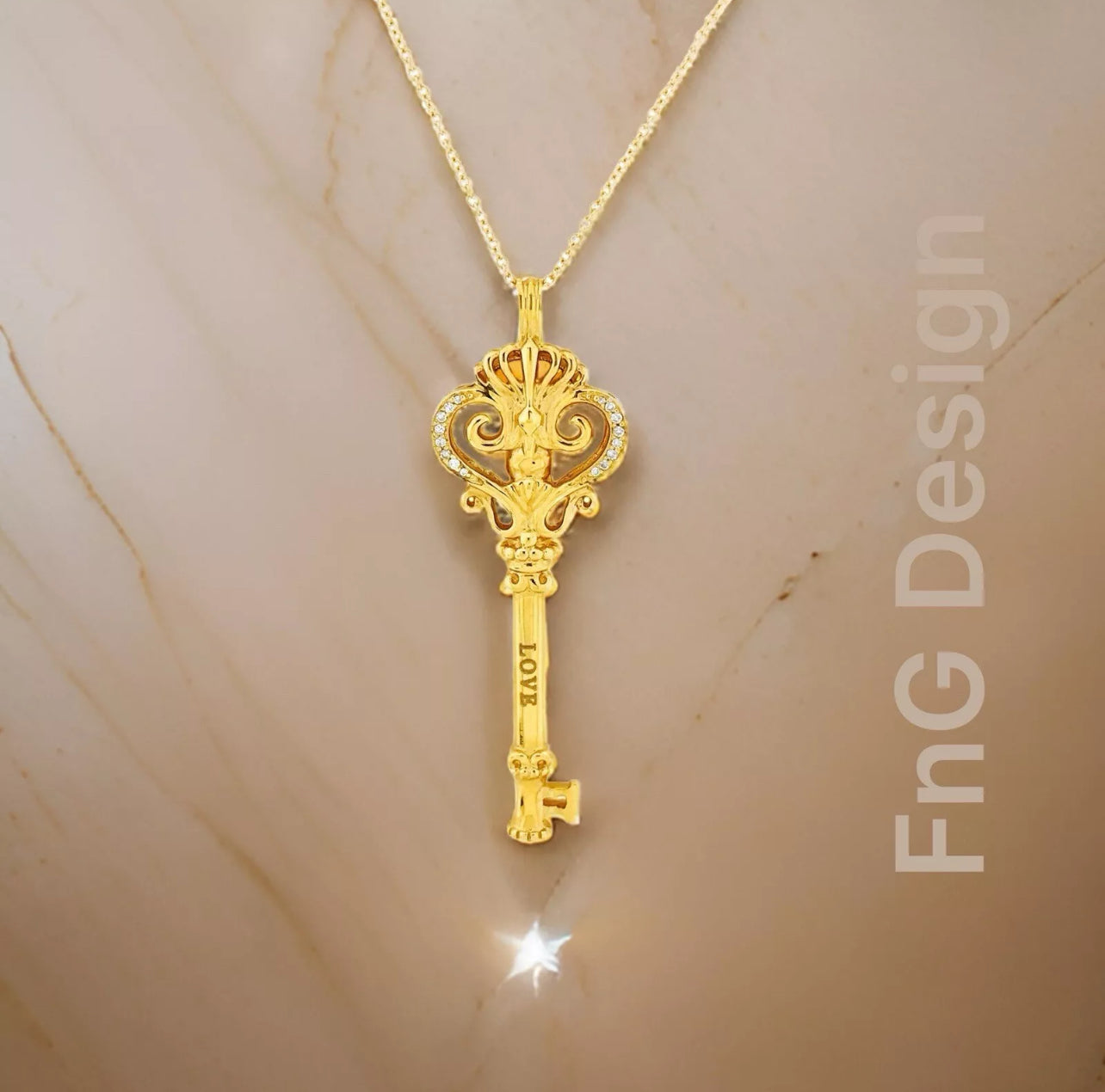 0.12 Carats Diamonds 14K Yellow Gold “Love” Key Pendant & Chain