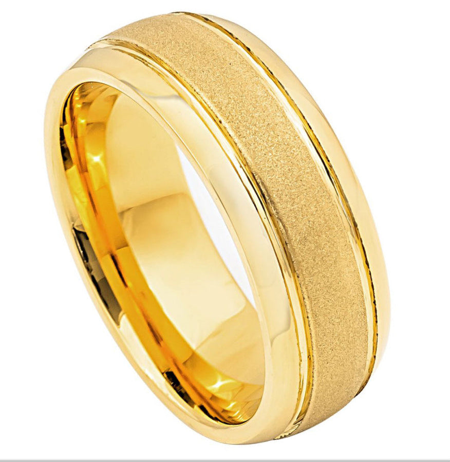 Gold Tungsten Carbide 8mm ion Plating Domed Sandstone Center Texturized Grooved hi-Polished Smooth Edge