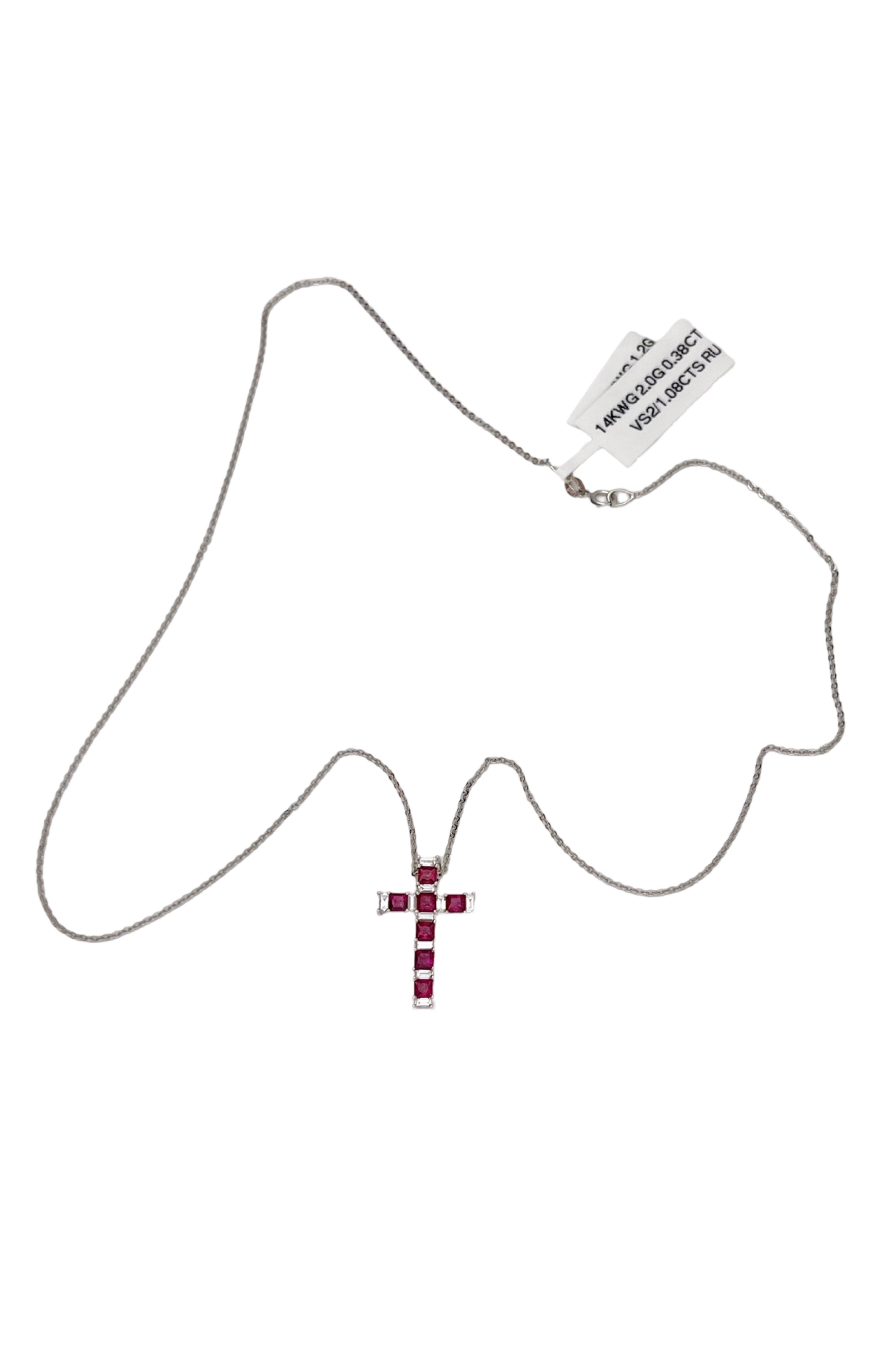 1.08Cts Rubies Burma(Certified) & 0.38Cts Diamonds 14K White Gold Cross W/Chain